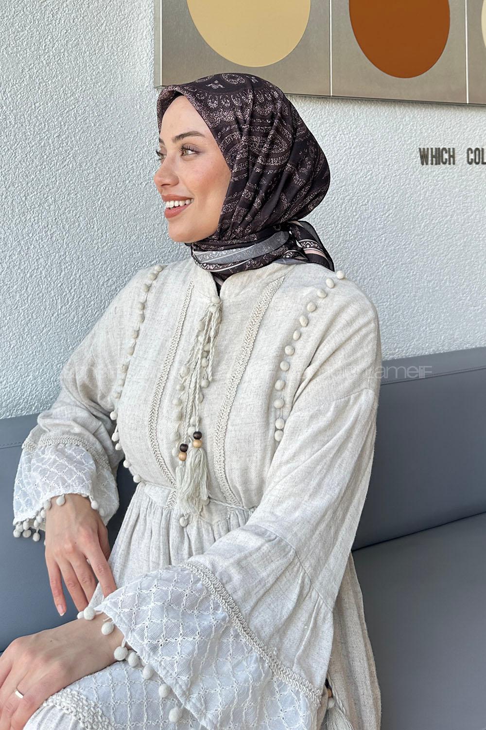 Lamelif Retro Desen Soft Eşarp Acı Kahve