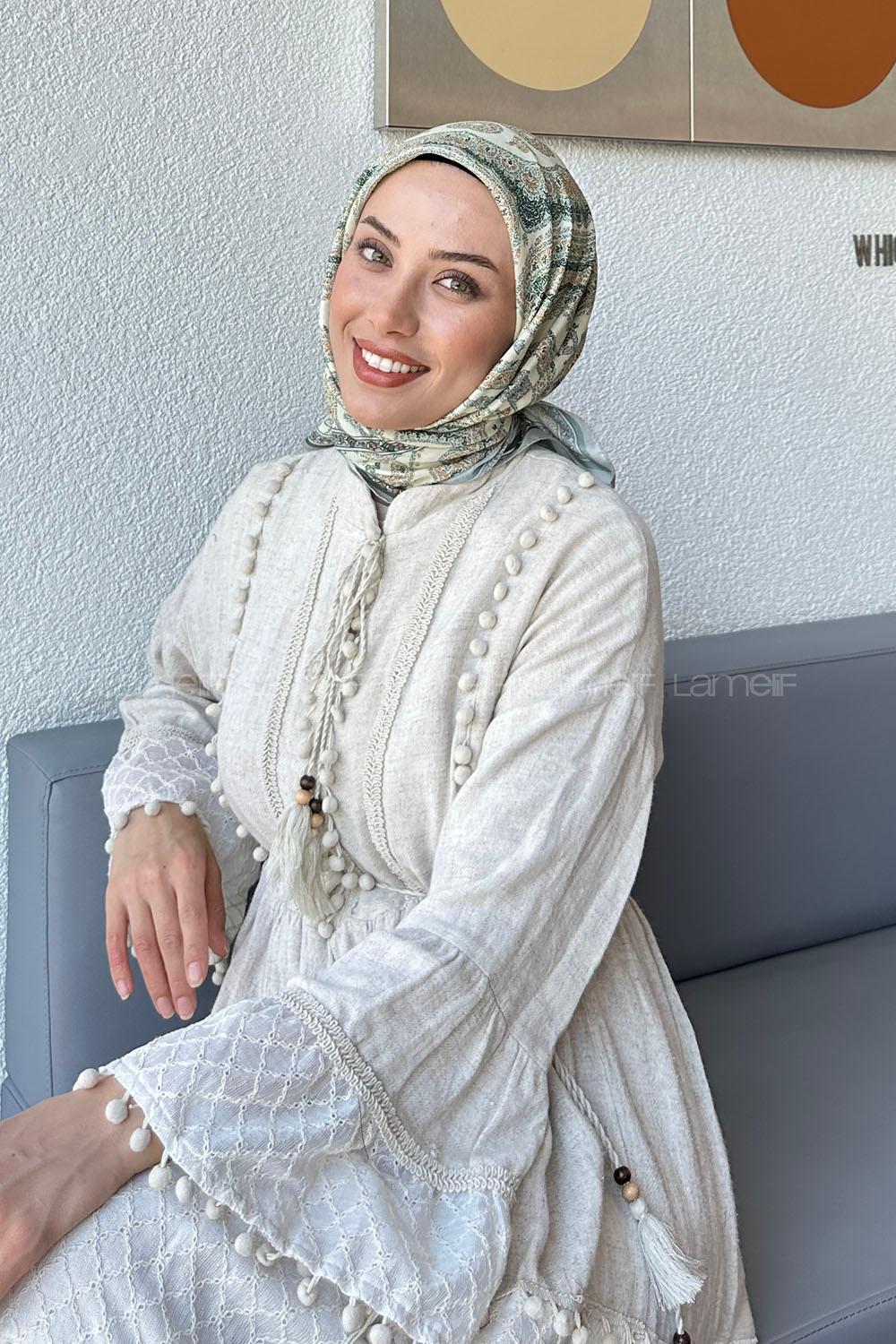 Lamelif Retro Desen Soft Eşarp Bej Çağla Yeşili