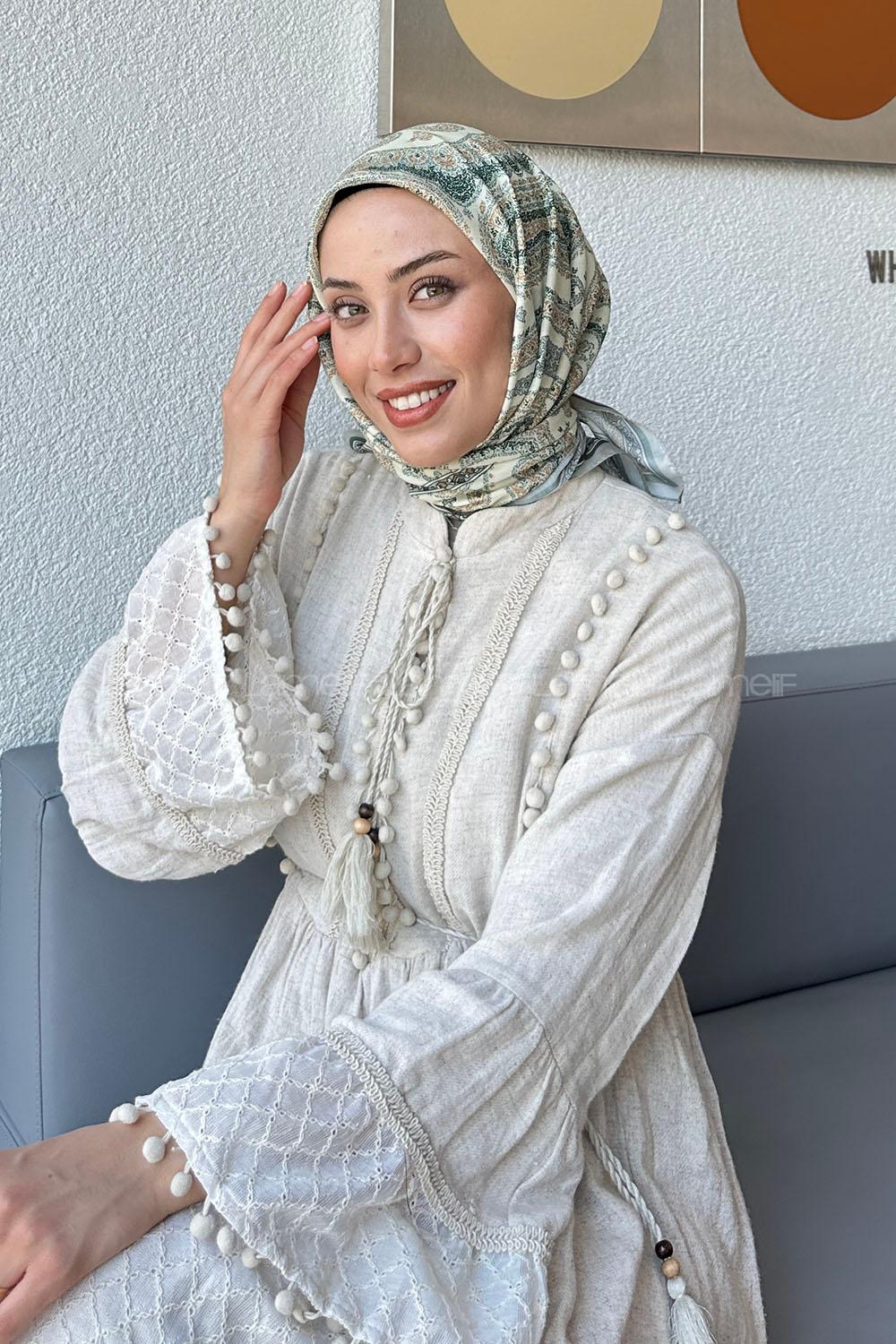 Lamelif Retro Desen Soft Eşarp Bej Çağla Yeşili