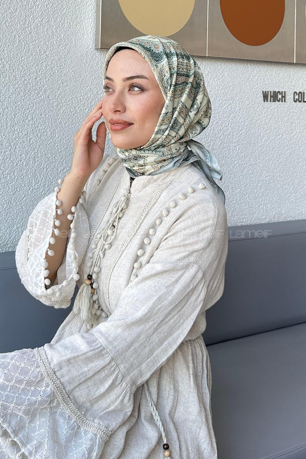 Lamelif Retro Desen Soft Eşarp Bej Çağla Yeşili