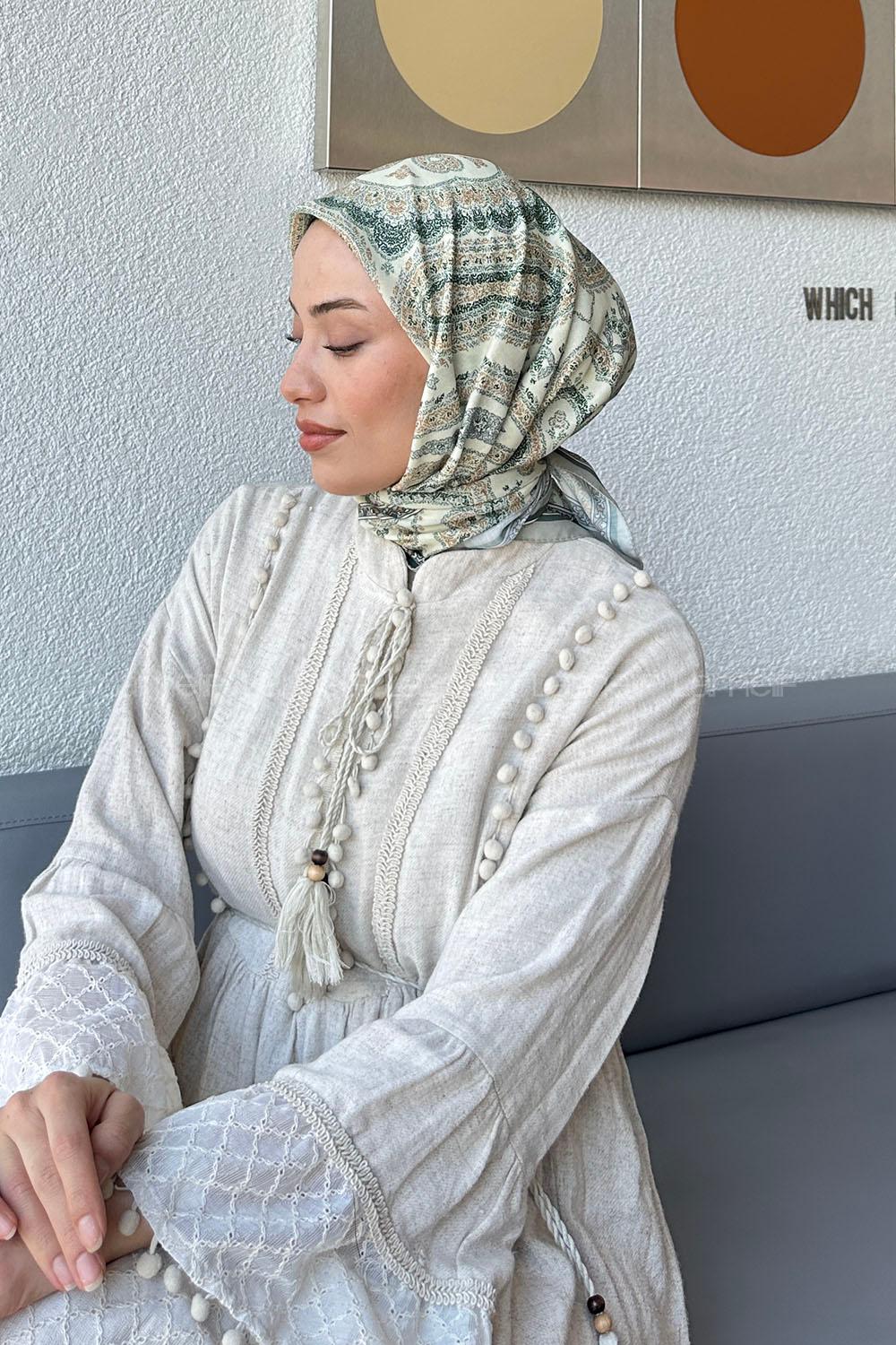 Lamelif Retro Desen Soft Eşarp Bej Çağla Yeşili