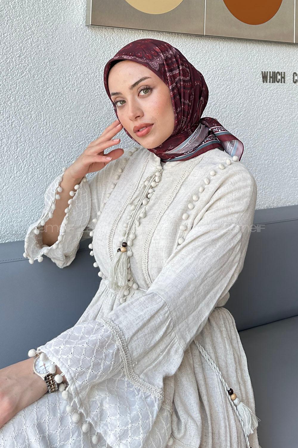 Lamelif Retro Desen Soft Eşarp Bordo