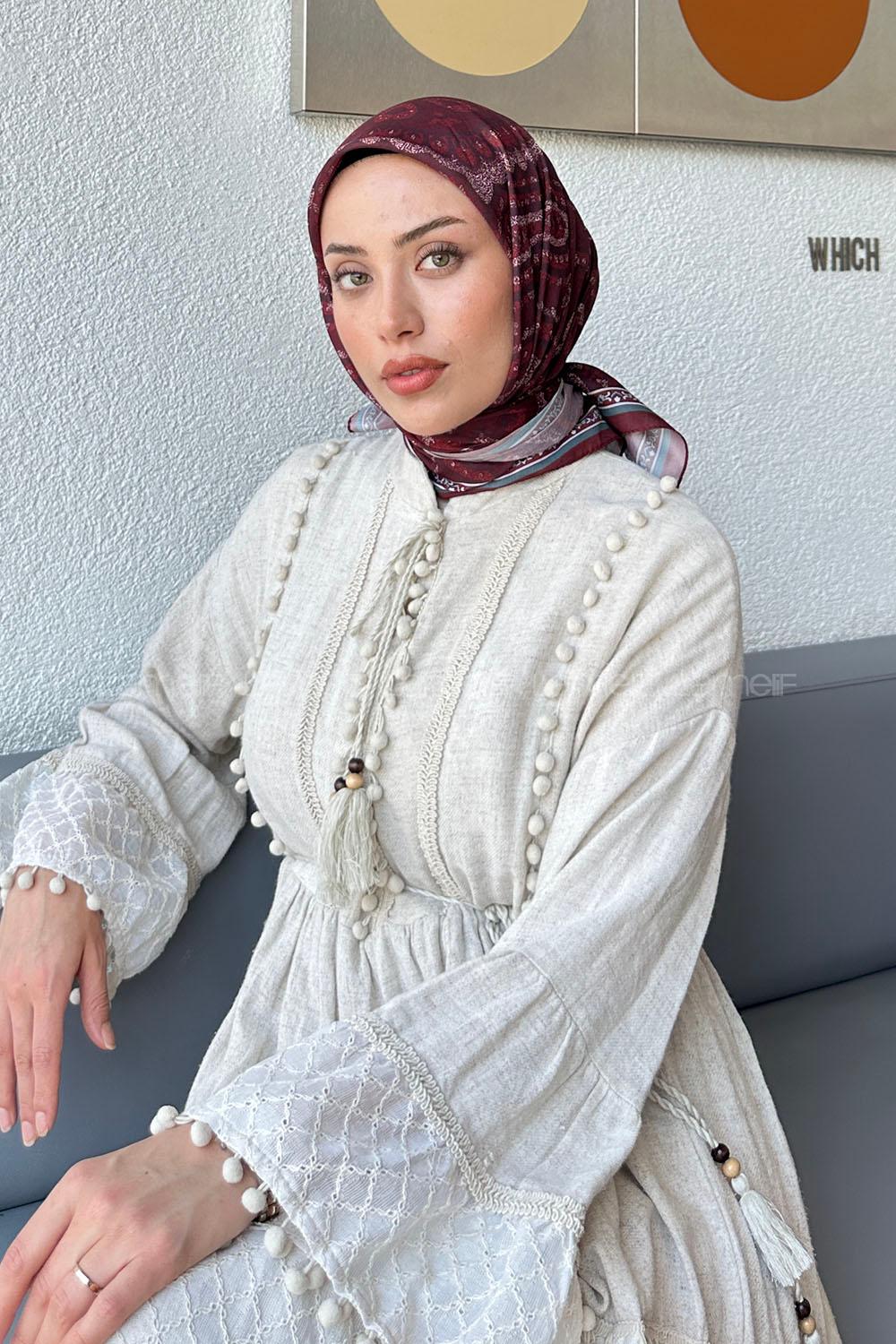 Lamelif Retro Desen Soft Eşarp Bordo