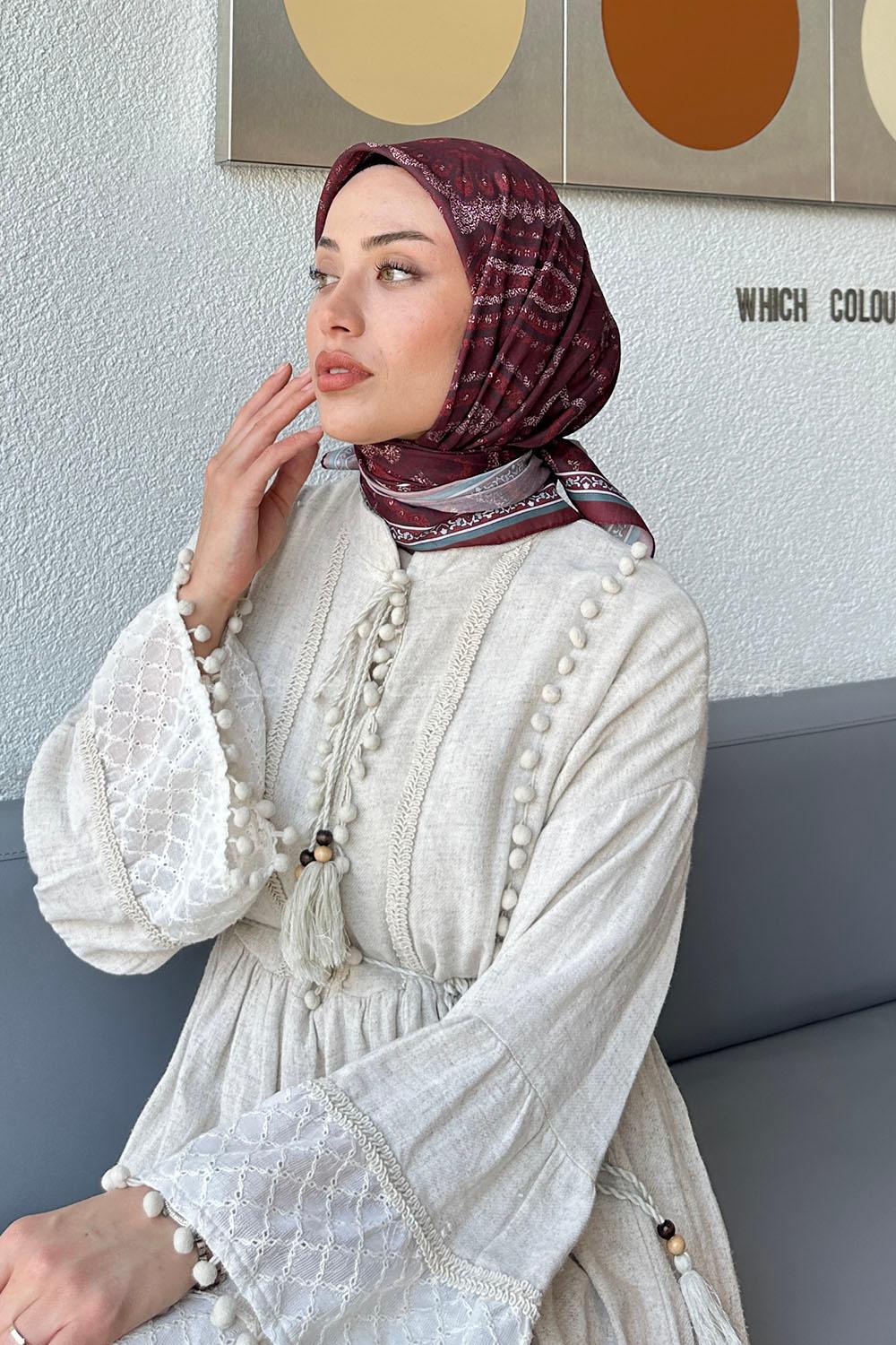Lamelif Retro Desen Soft Eşarp Bordo