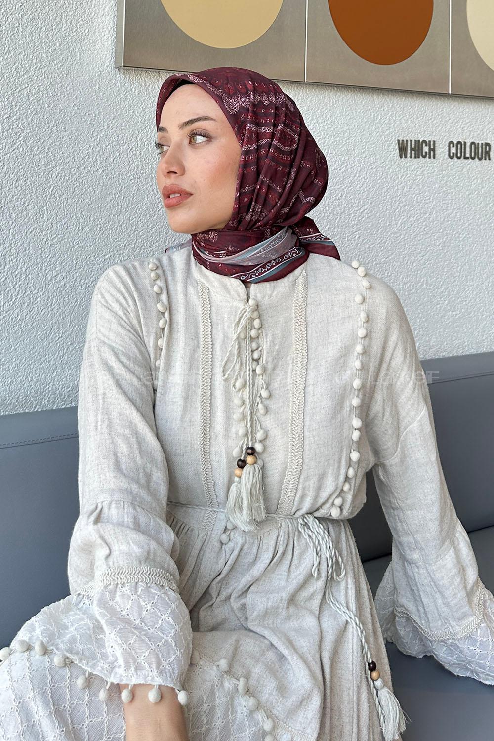Lamelif Retro Desen Soft Eşarp Bordo