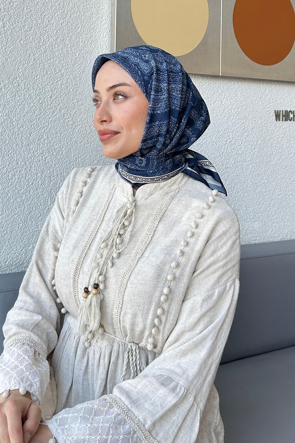 Midnight Blue Cotton Fabric Striped Flowering Straight Printed Scarf