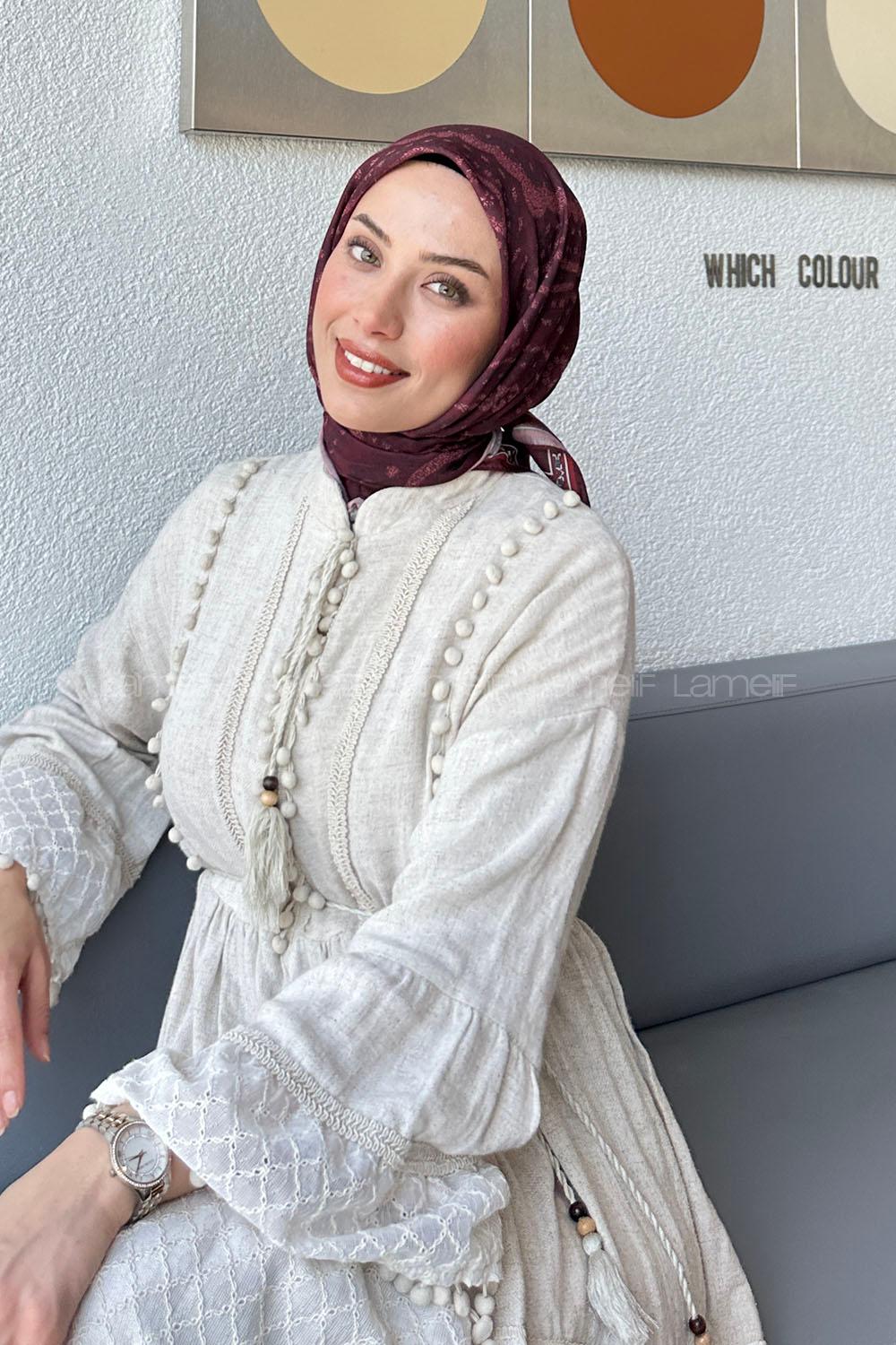 Lamelif Retro Desen Soft Eşarp Koyu Bordo