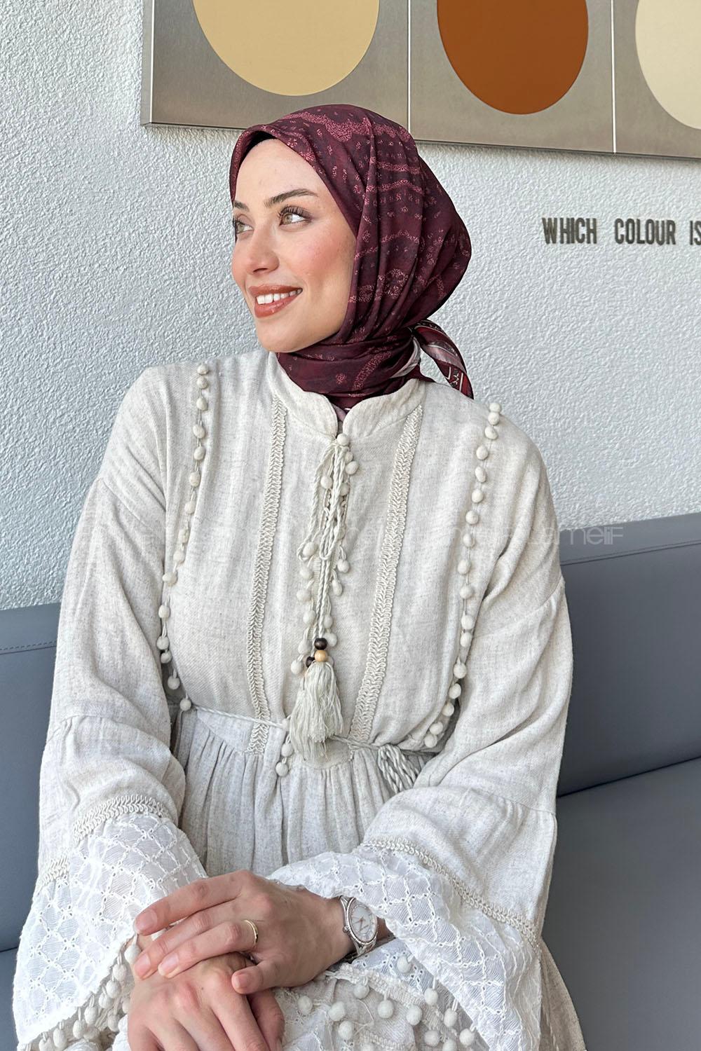 Lamelif Retro Desen Soft Eşarp Koyu Bordo