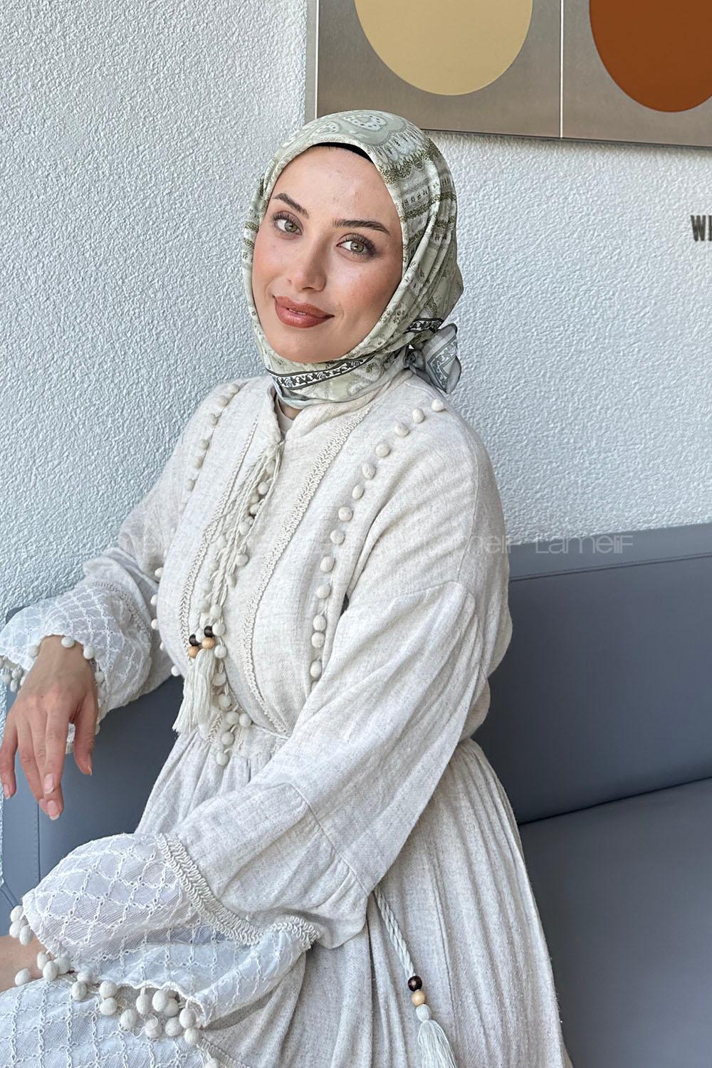 Lamelif Retro Desen Soft Eşarp Mint Yeşili