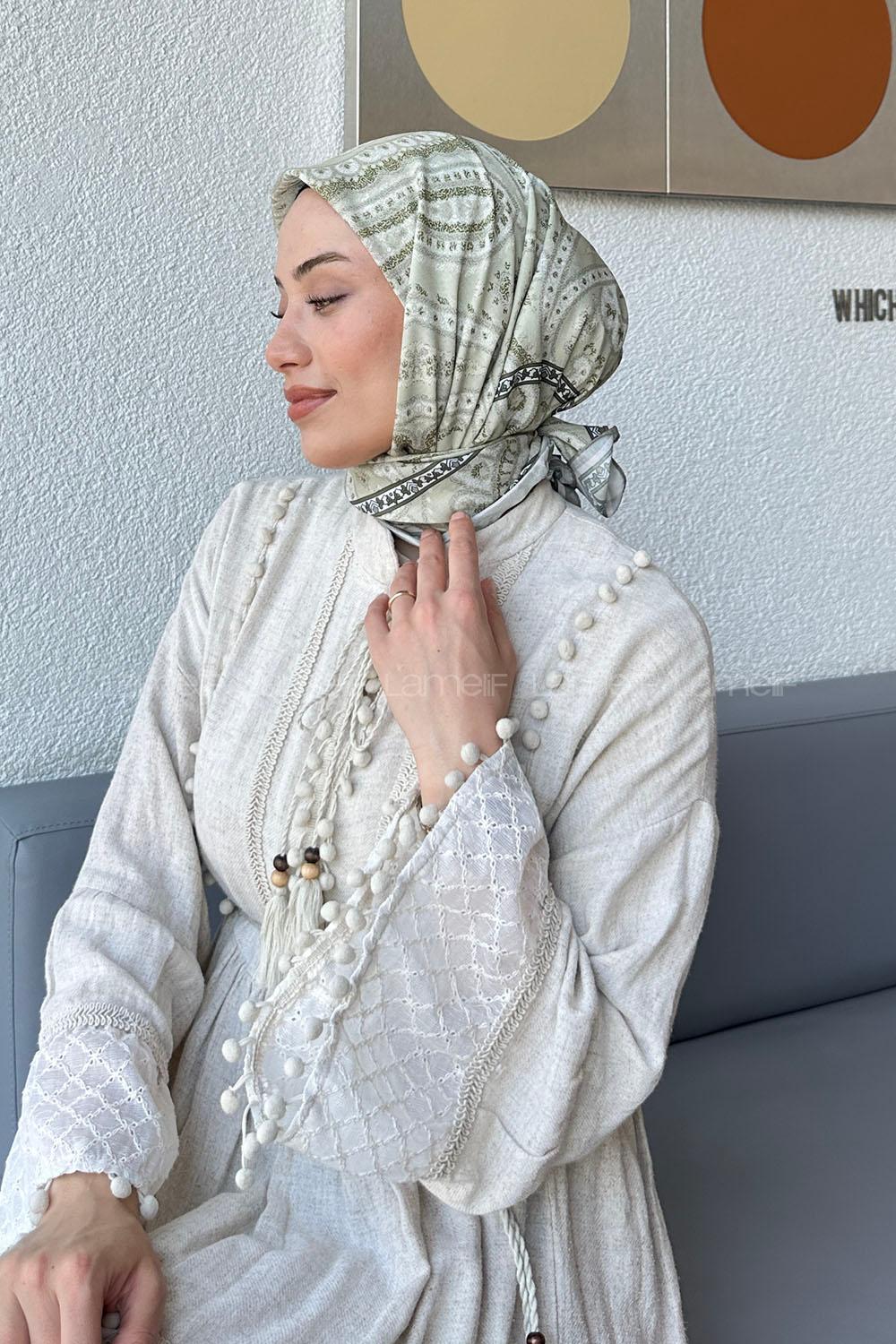 Lamelif Retro Desen Soft Eşarp Mint Yeşili