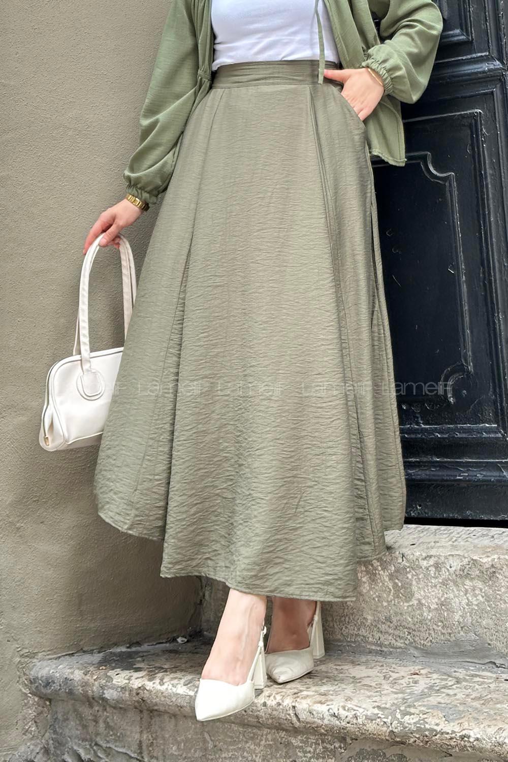 Lamelif Yan Cepli Kloş Model Parçalı Tesettür Etek Haki