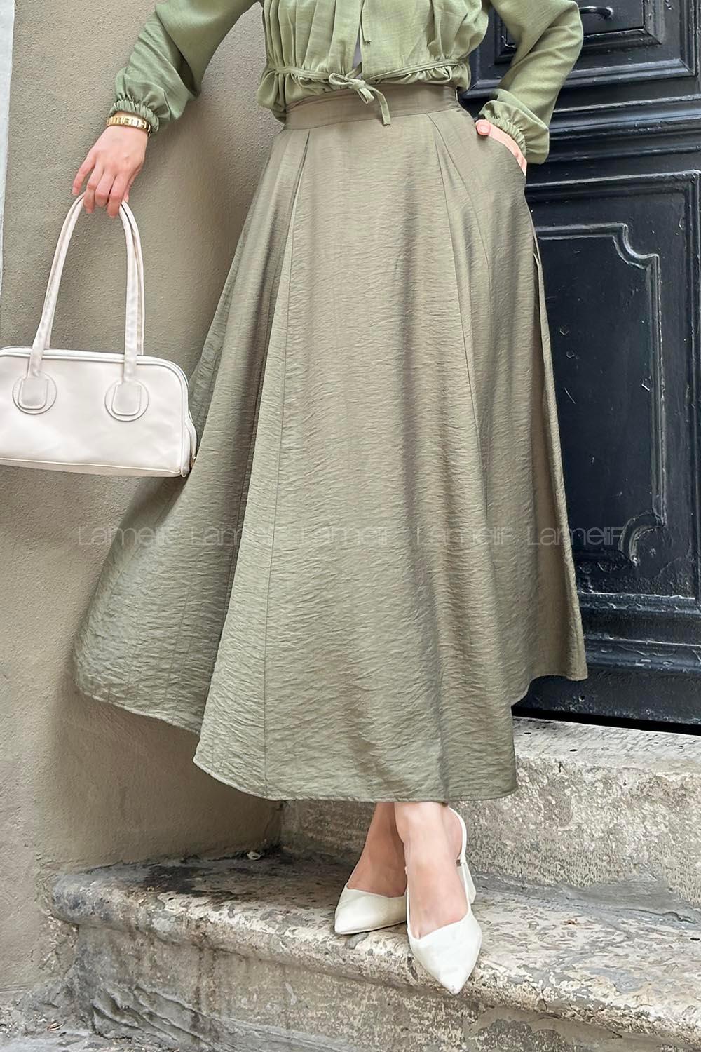 Lamelif Yan Cepli Kloş Model Parçalı Tesettür Etek Haki