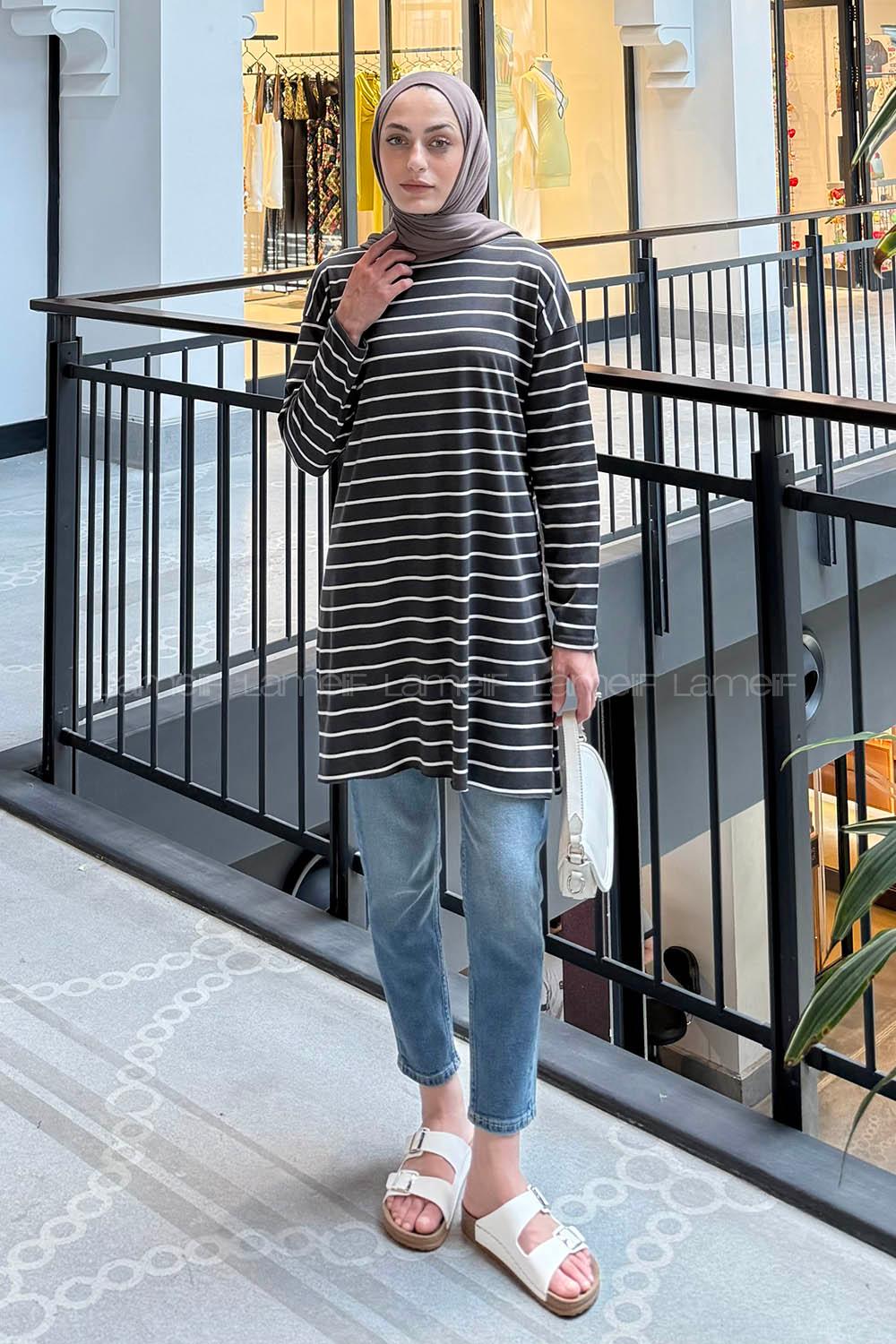 Lamelif Çizgili Uzun Kol Tunik Füme