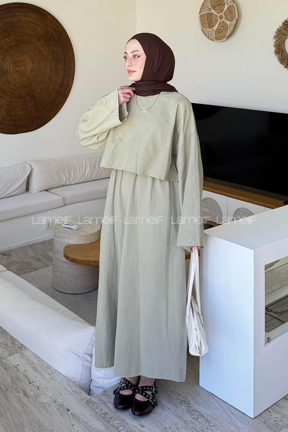 Lamelif Etekli Tesettür Takım Çağla Yeşili