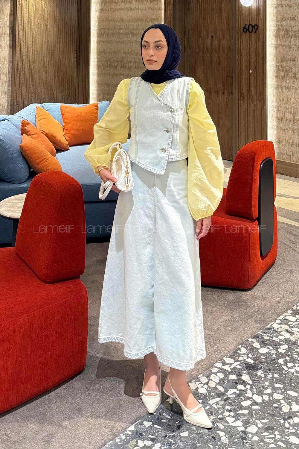 Lamelif Kruvaze Kapama Kot Etekli Takım Buz Mavisi