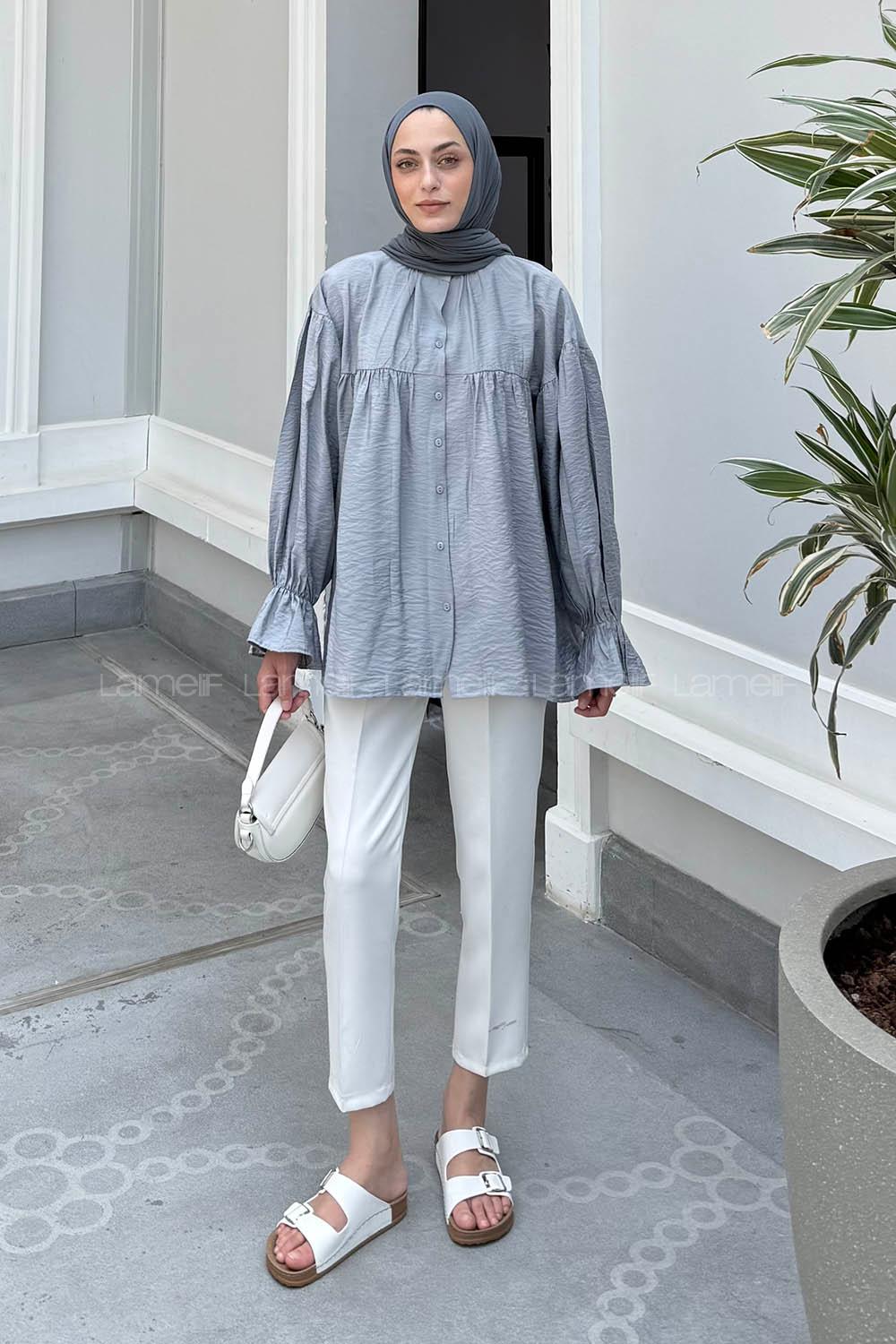 Lamelif Roba Detaylı Tesettür Gömlek Gri