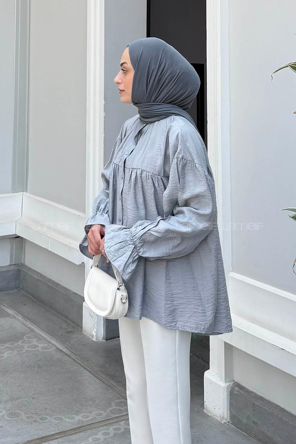 Lamelif Roba Detaylı Tesettür Gömlek Gri
