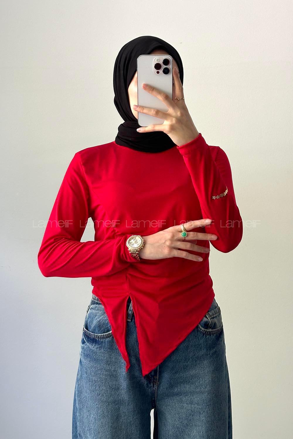 Lamelif Bisiklet Yaka Yırtmaç Detaylı Sandy Body Nar Çiçeği