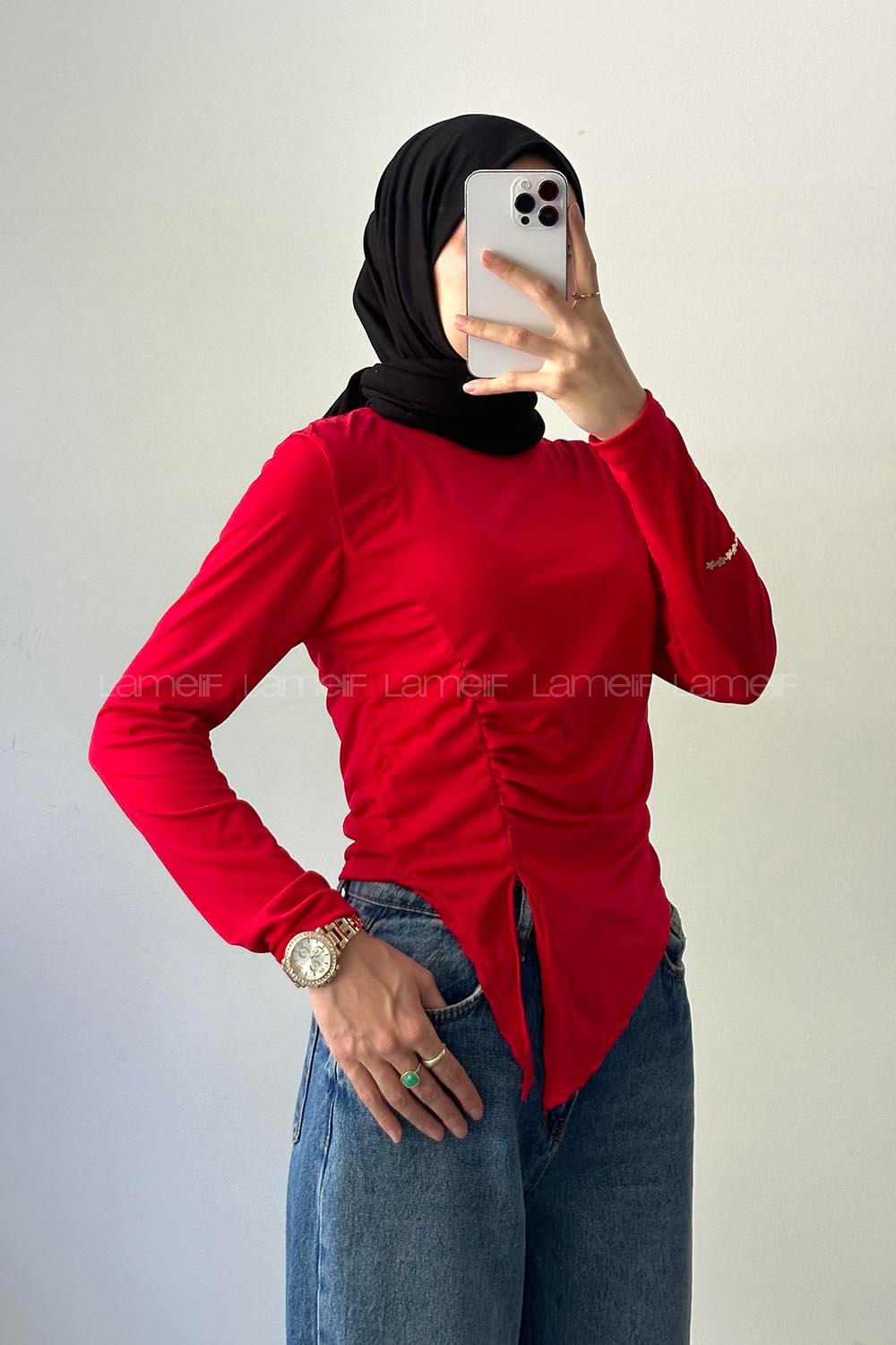 Lamelif Bisiklet Yaka Yırtmaç Detaylı Sandy Body Nar Çiçeği