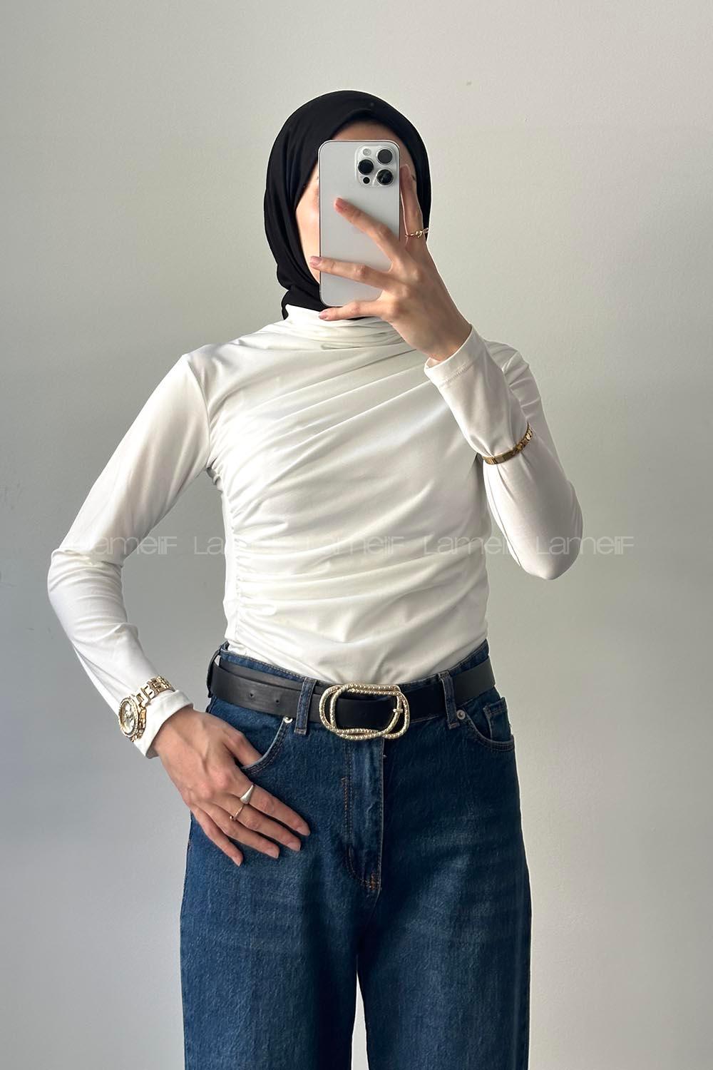 Lamelif Dik Yaka Drapeli  Bluz Beyaz