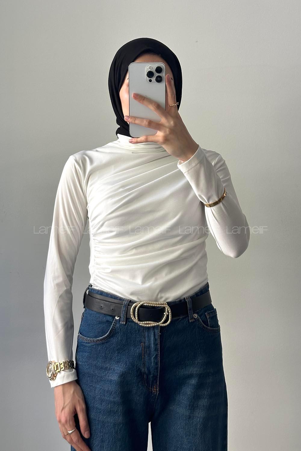 Lamelif Dik Yaka Drapeli  Bluz Beyaz