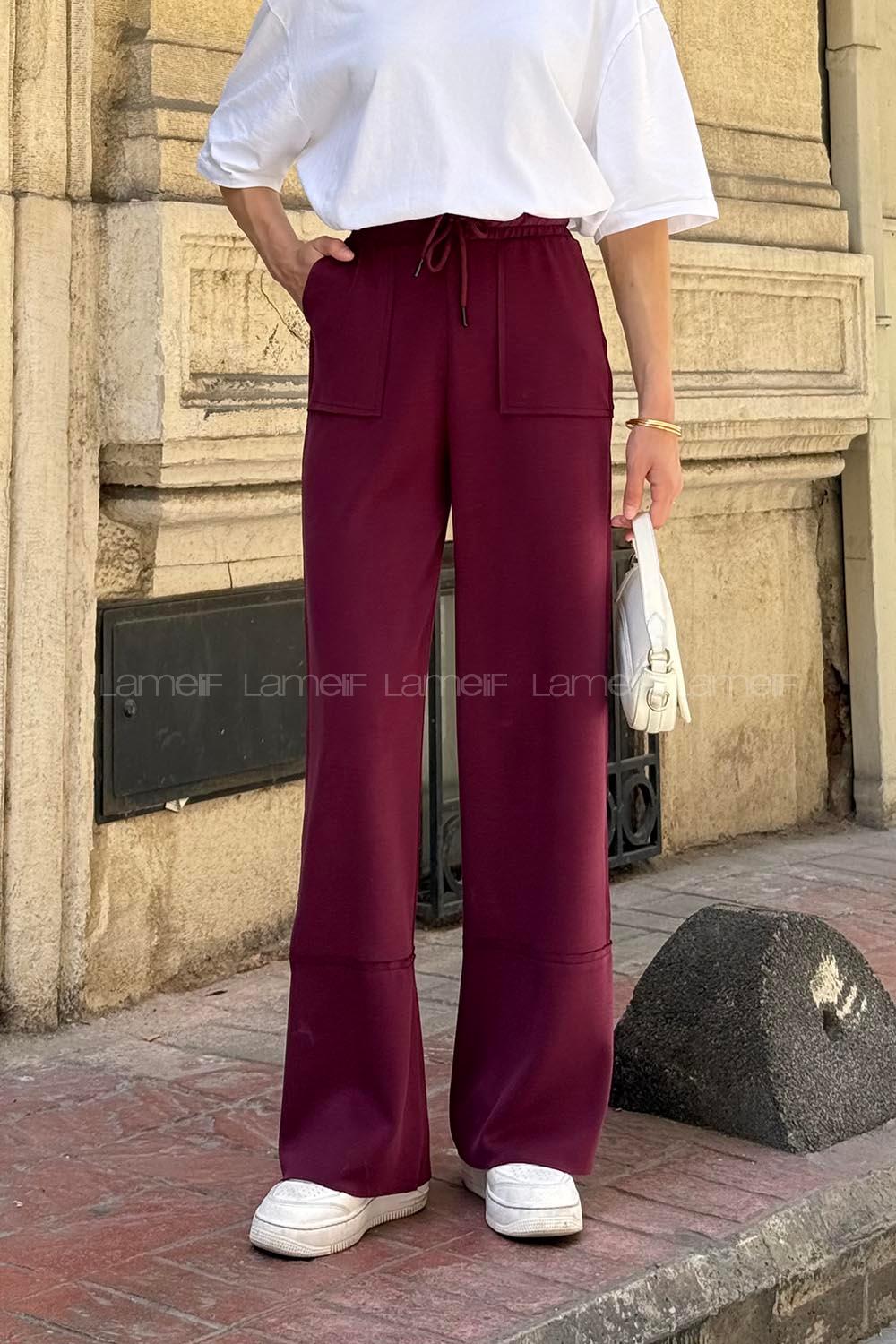 Claret Red Regular Trousers High Waist Regular Cut Bottom Tracksuit