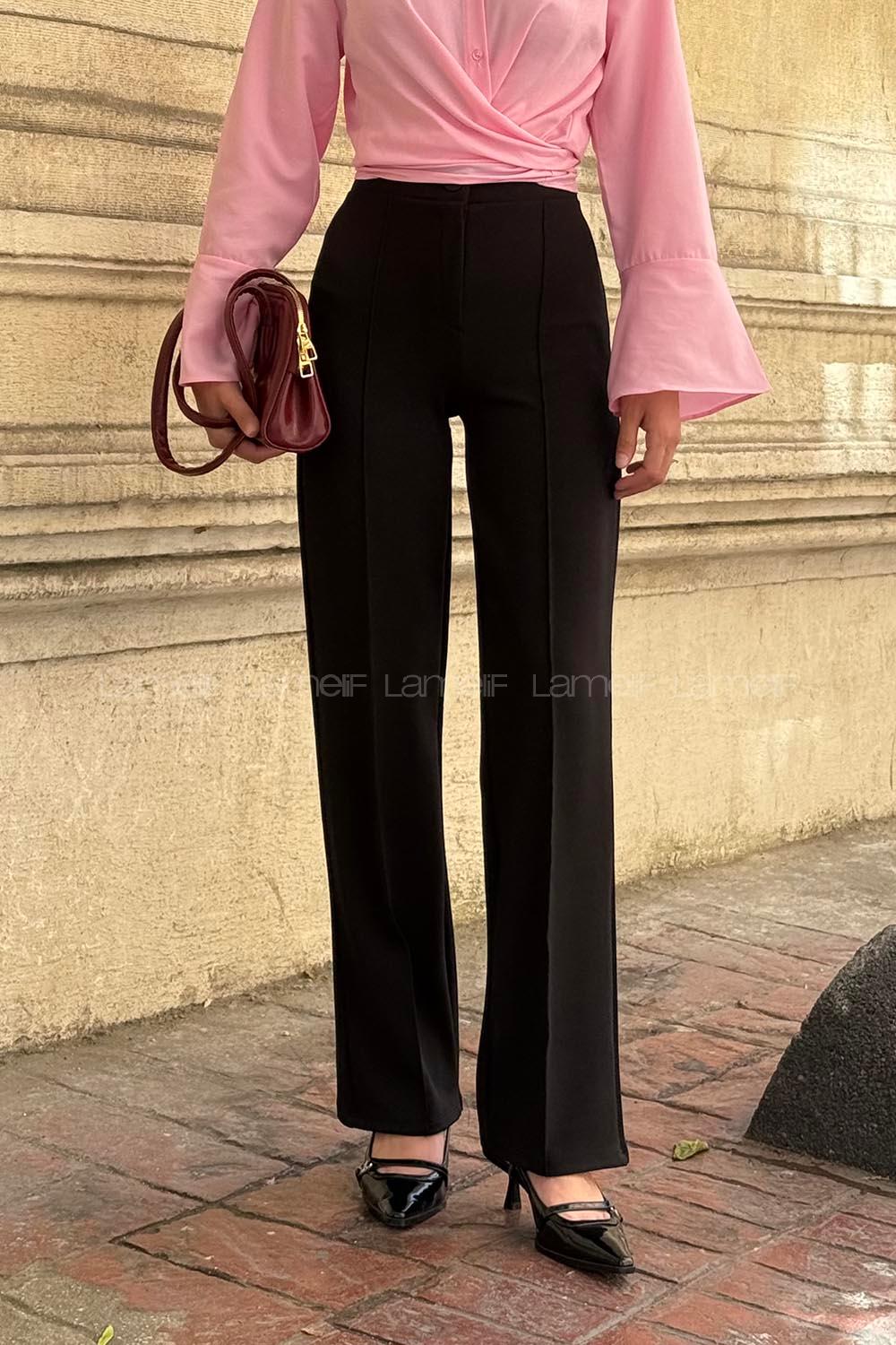 Lamelif Çıma Detaylı Krep Pantolon Siyah