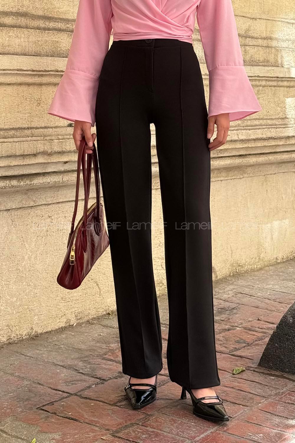 Lamelif Çıma Detaylı Krep Pantolon Siyah