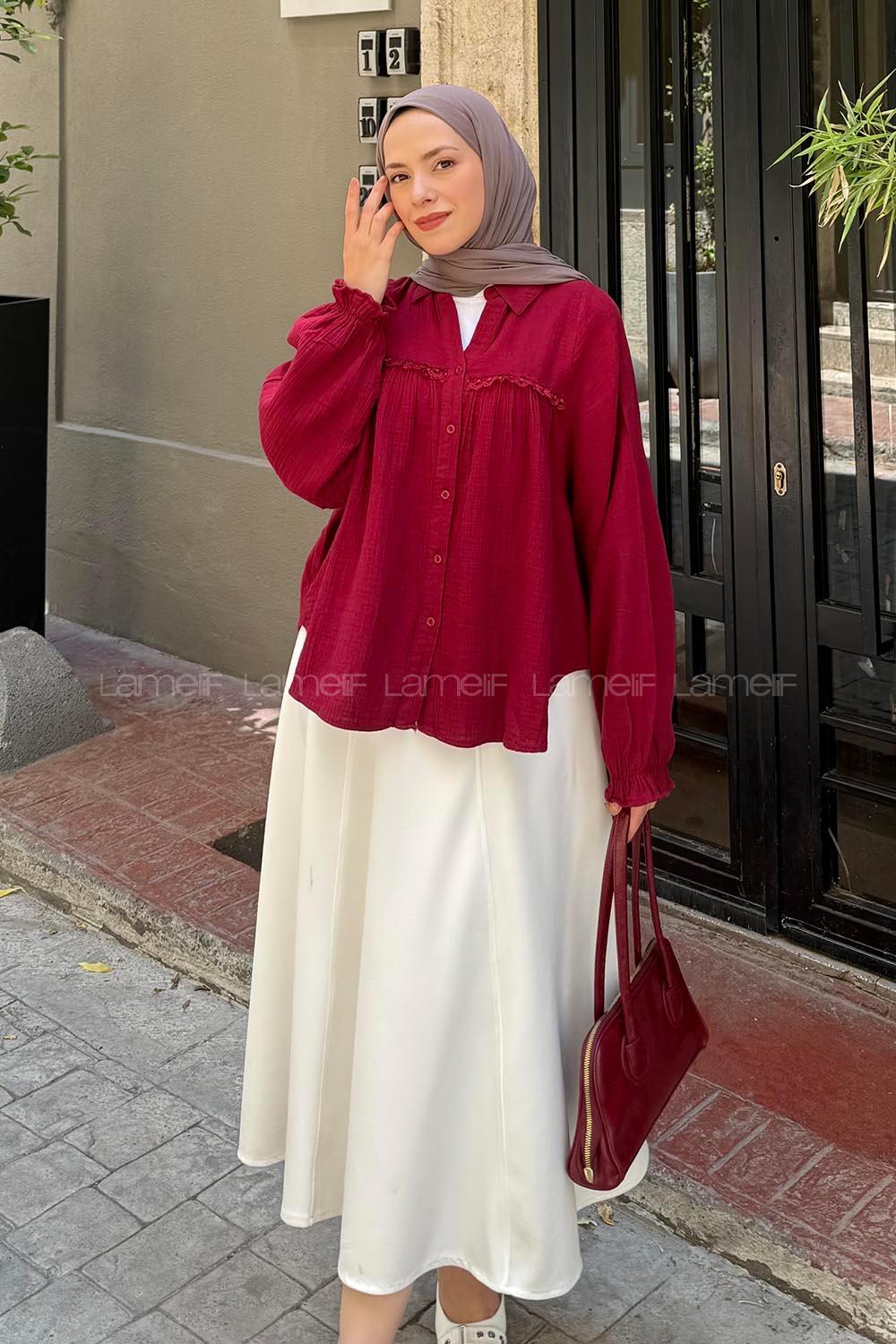 Lamelif Dantel Detaylı Gömlek Bordo