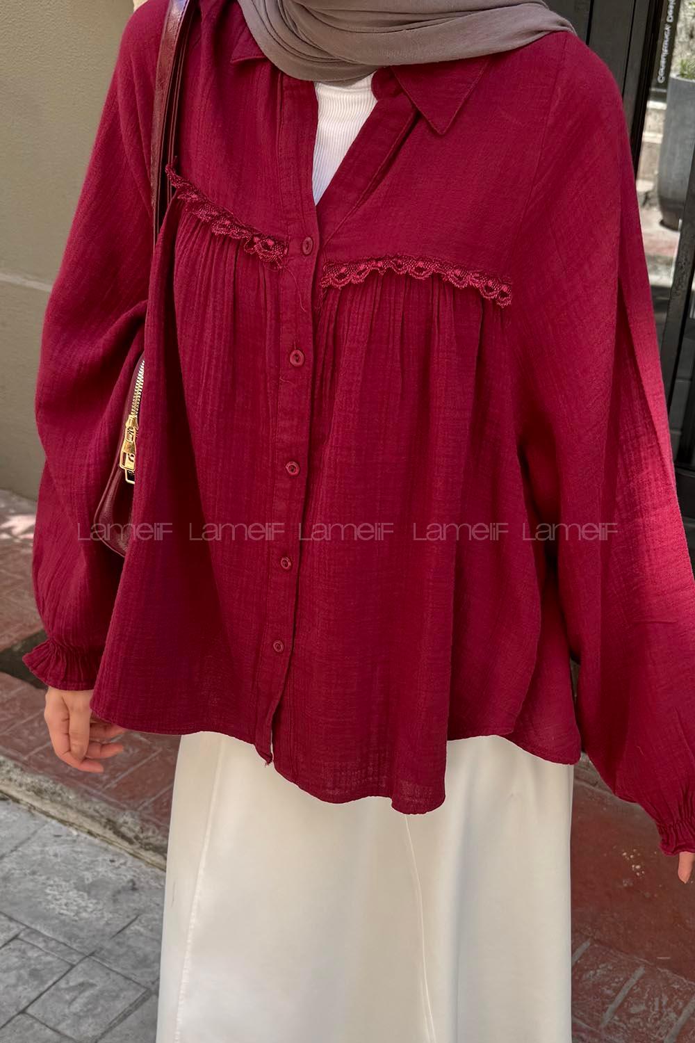 Lamelif Dantel Detaylı Gömlek Bordo