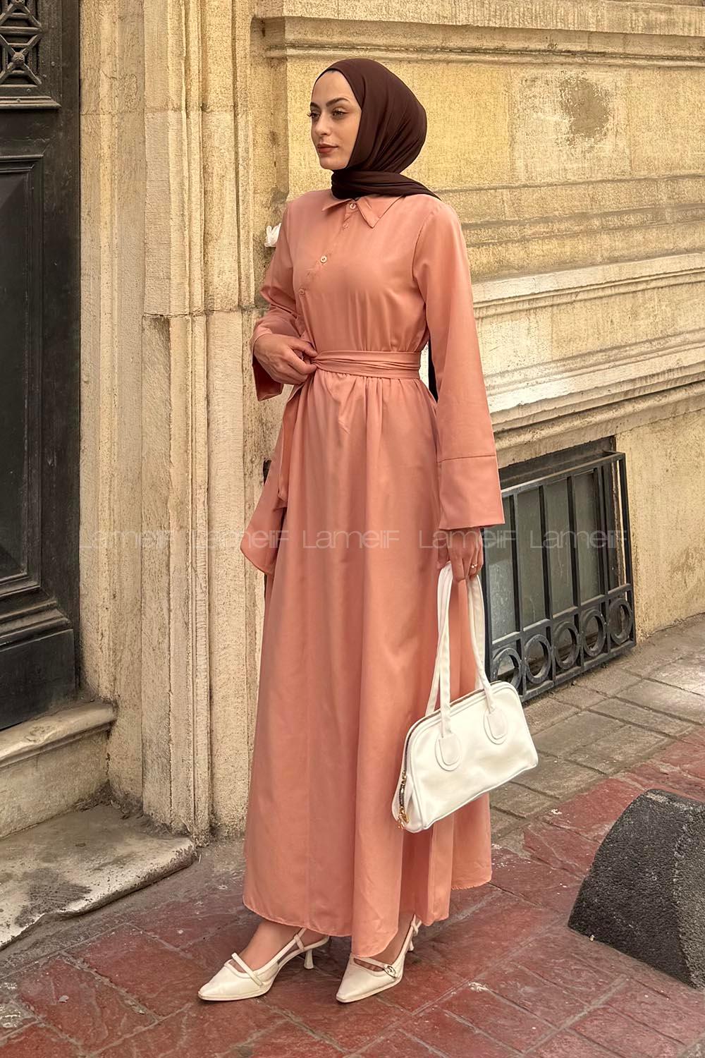 Lamelif Düğme Detaylı Tesettür Elbise Yavru Ağzı