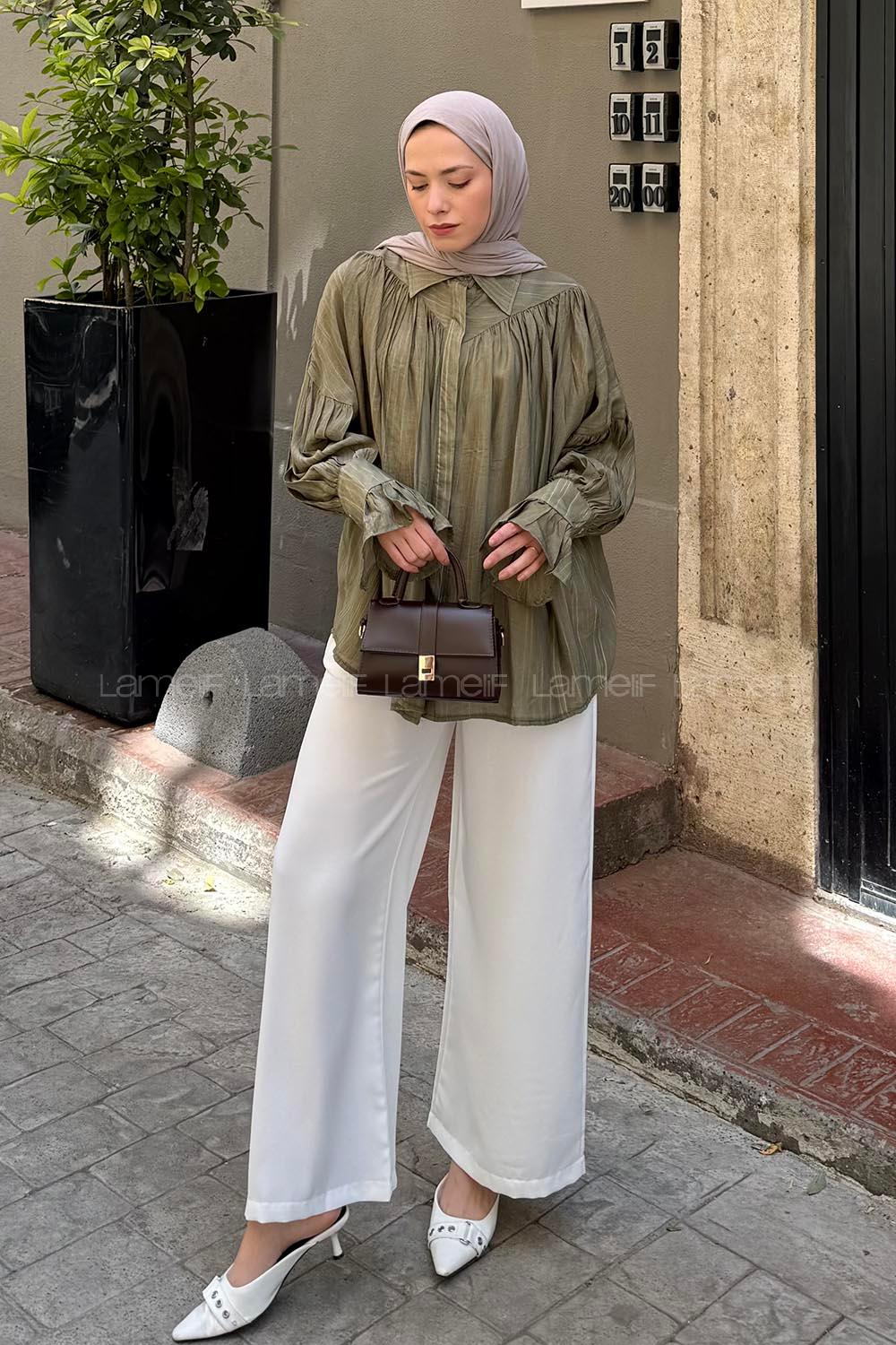 Lamelif Kolları Fırfırlı Tesettür Gömlek Haki