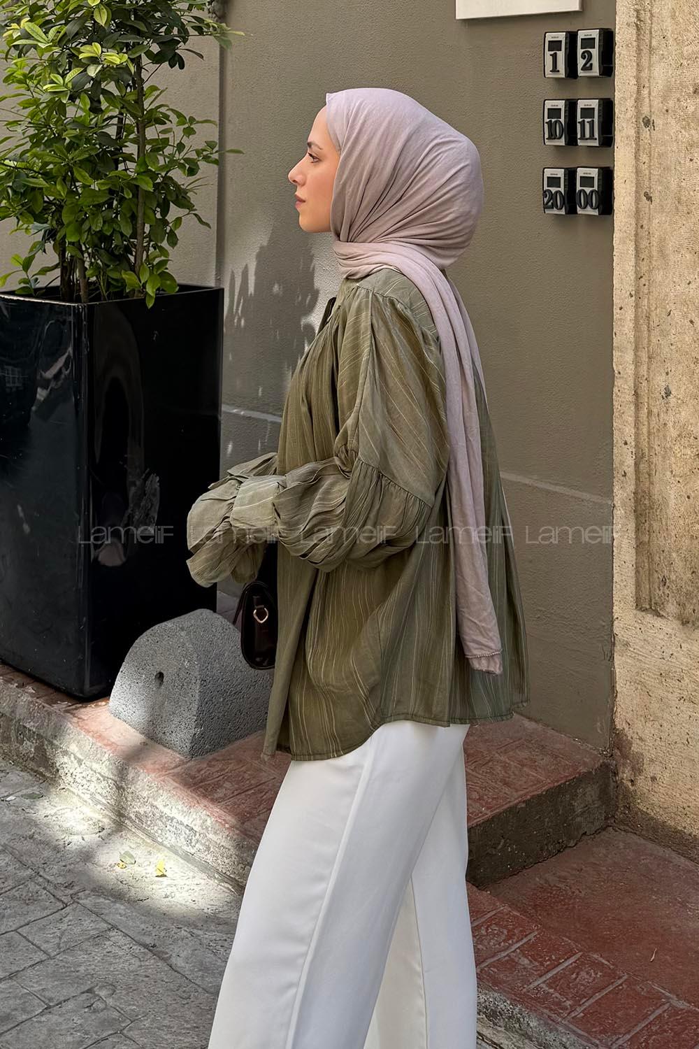 Lamelif Kolları Fırfırlı Tesettür Gömlek Haki