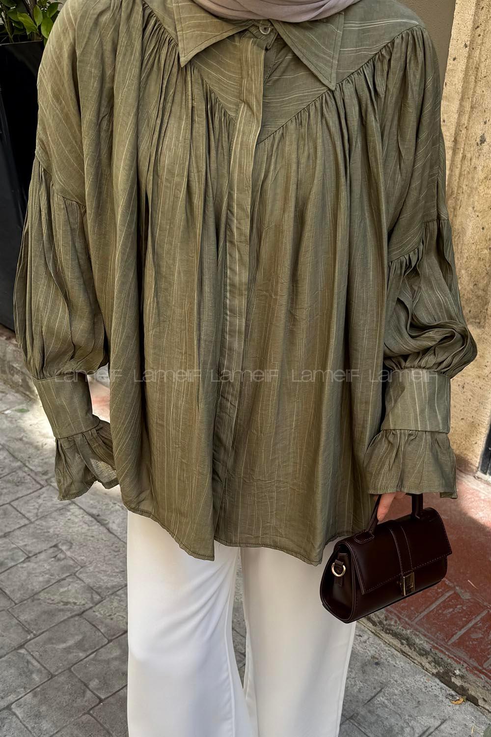 Lamelif Kolları Fırfırlı Tesettür Gömlek Haki