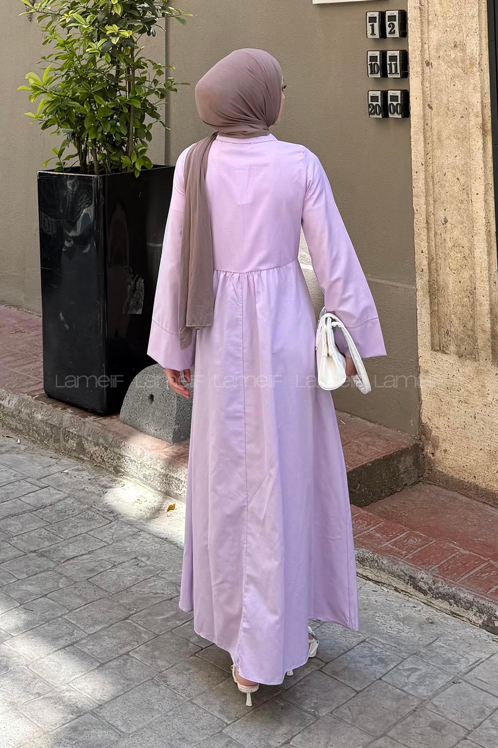 Lamelif Ön Bağlama Detaylı Tesettür Elbise Eflatun