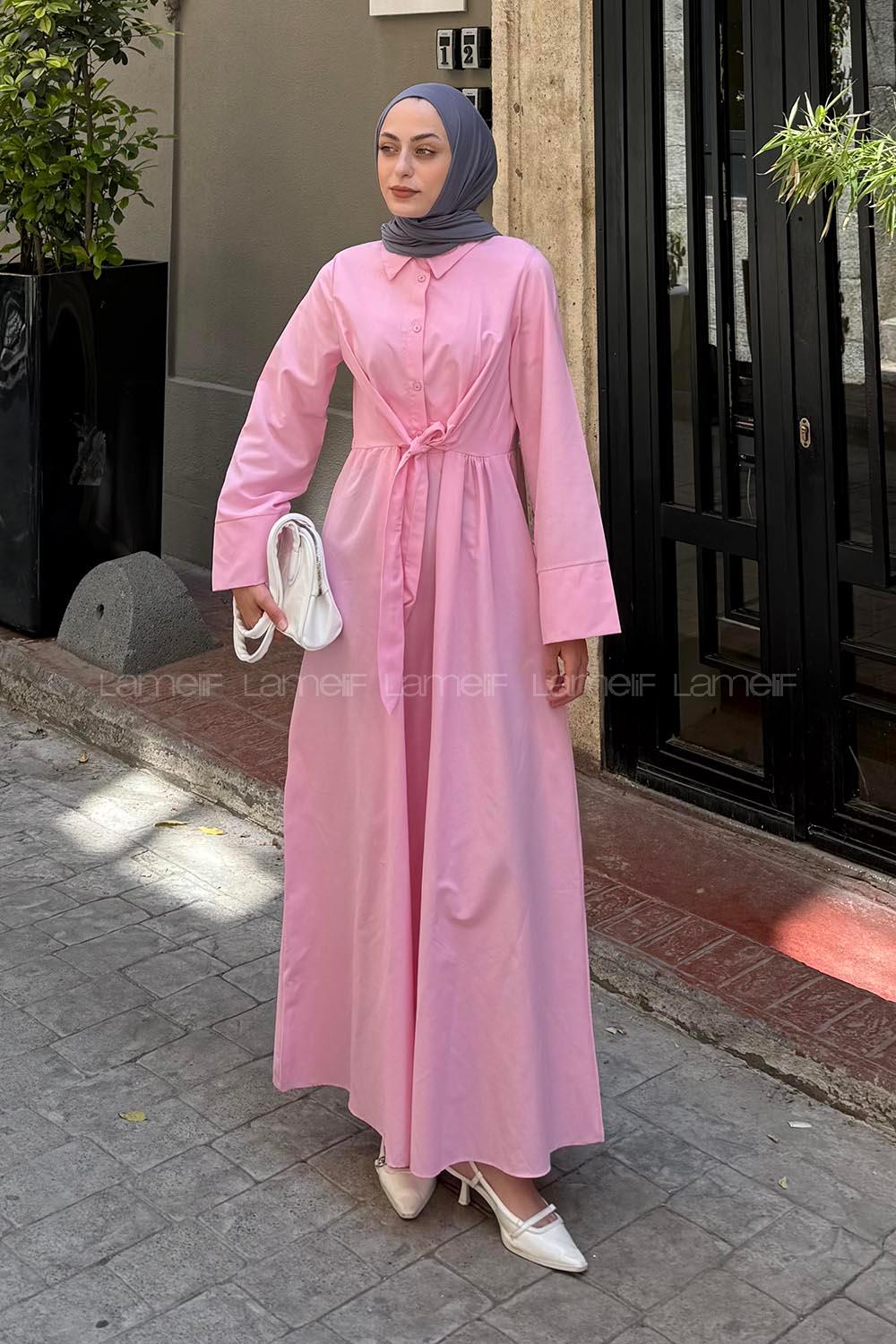 Lamelif Ön Bağlama Detaylı Tesettür Elbise Pembe