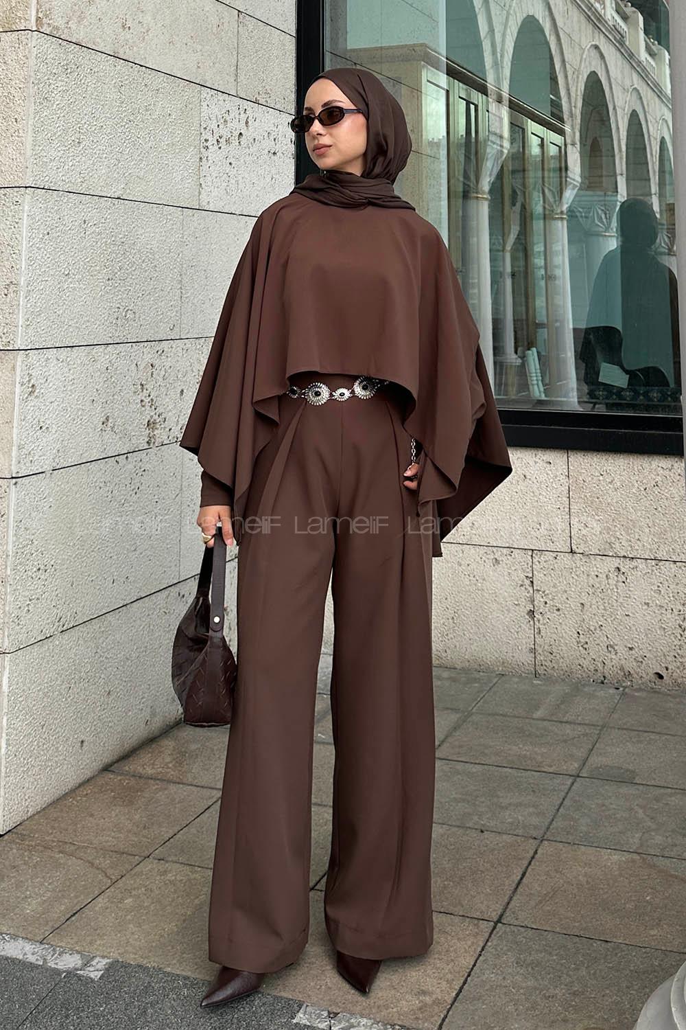 Lamelif Pelerinli Tulum Takım Kahverengi