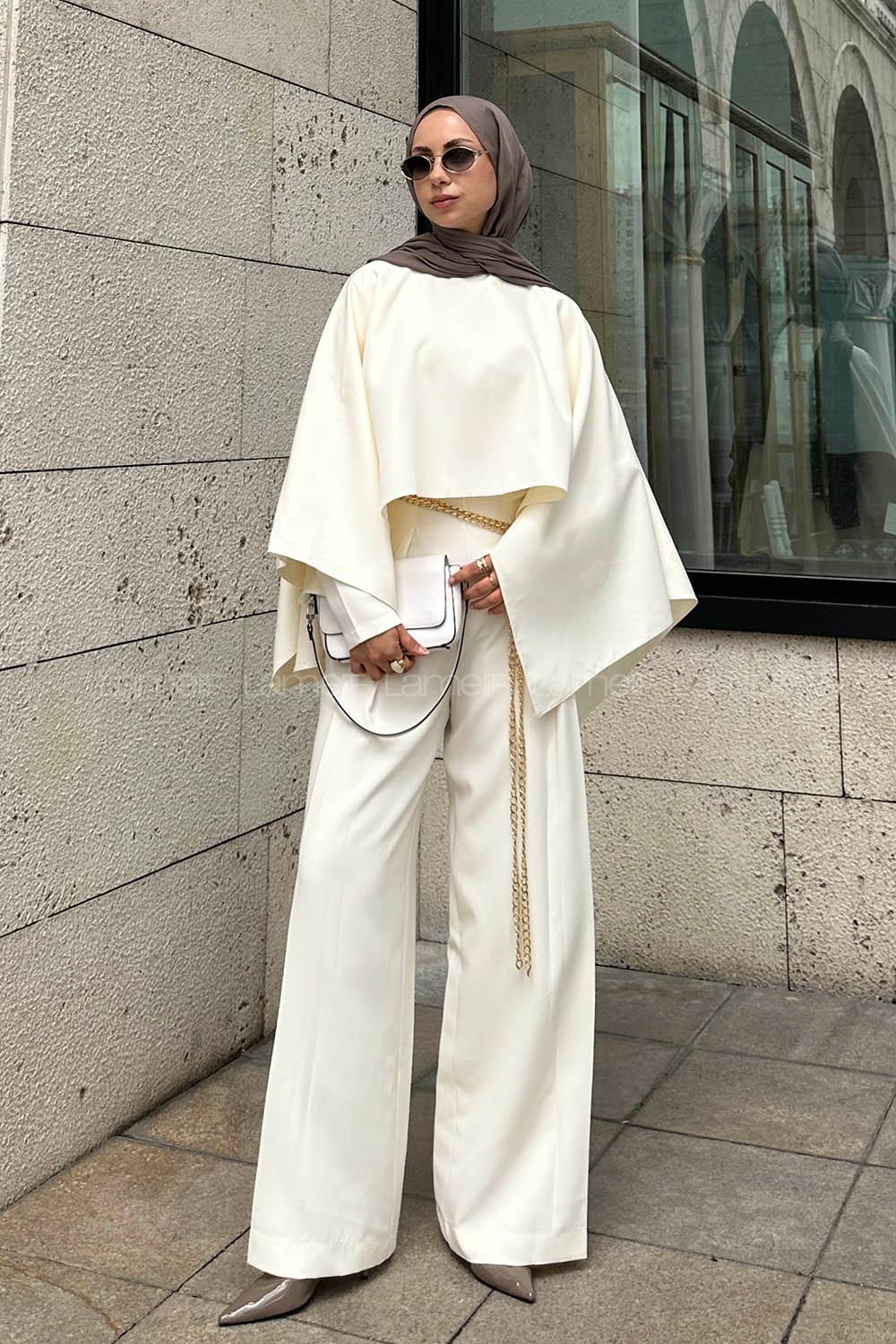 Lamelif Pelerinli Tulum Takım Krem