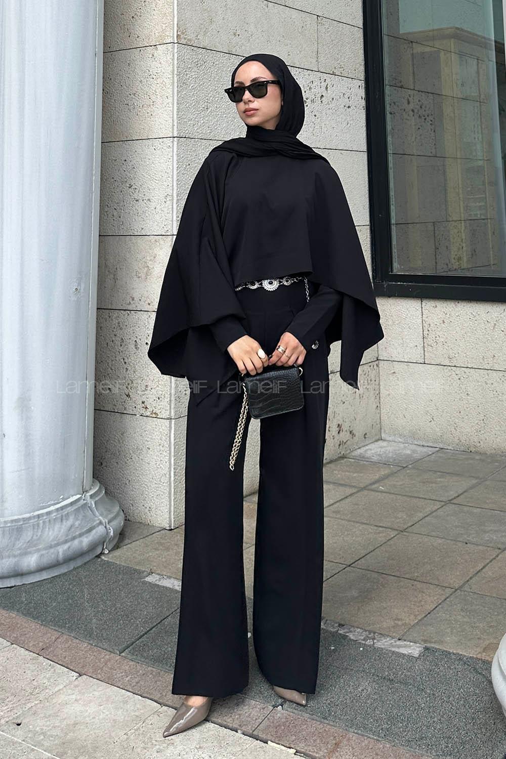 Lamelif Pelerinli Tulum Takım Siyah