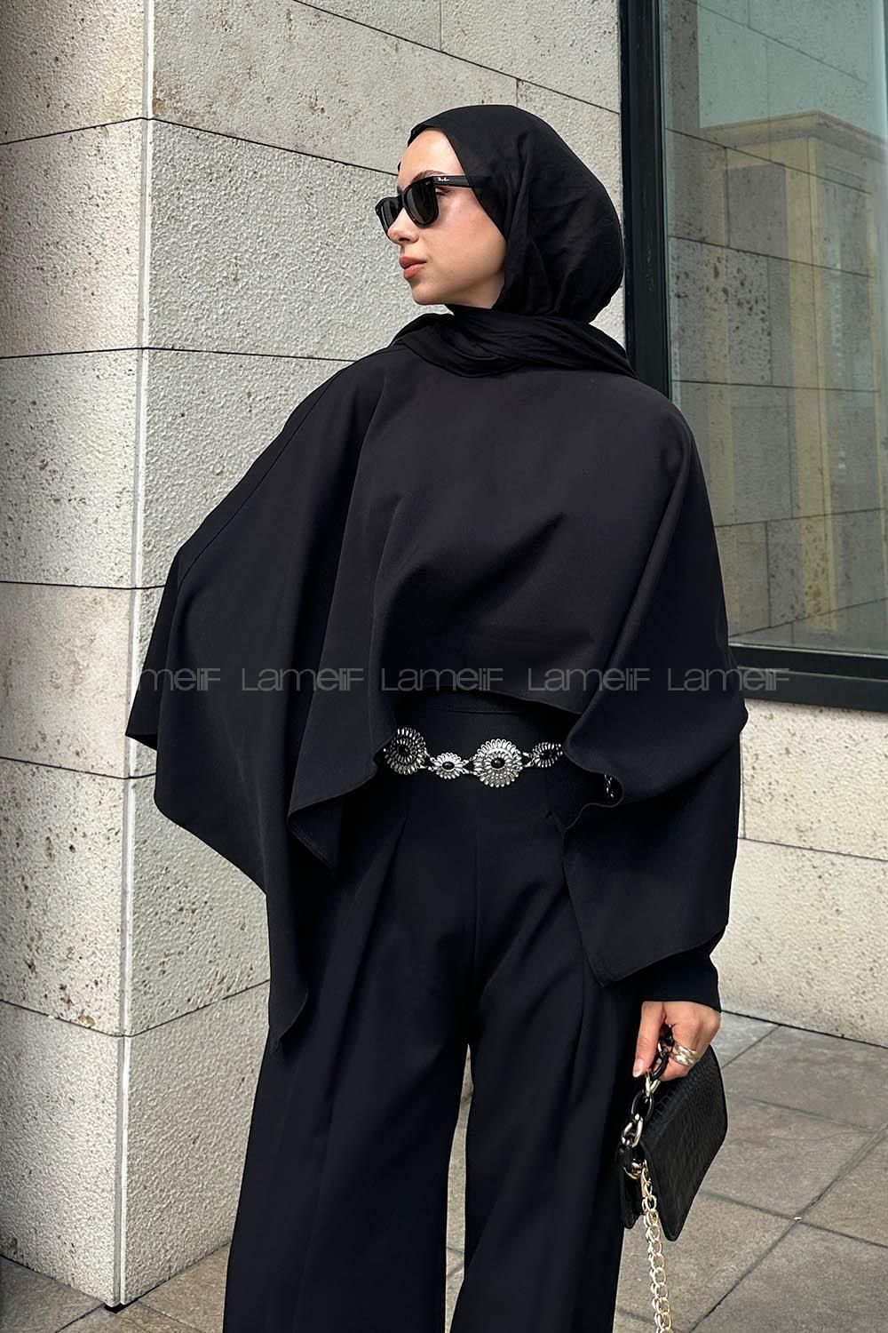 Lamelif Pelerinli Tulum Takım Siyah