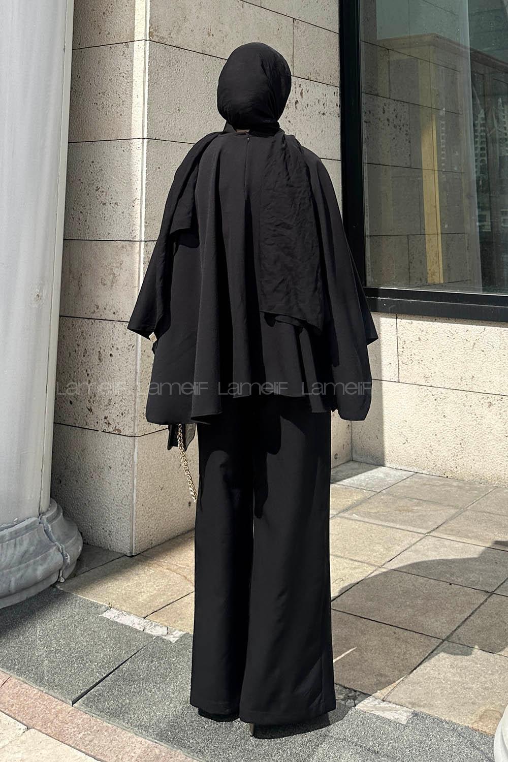 Lamelif Pelerinli Tulum Takım Siyah