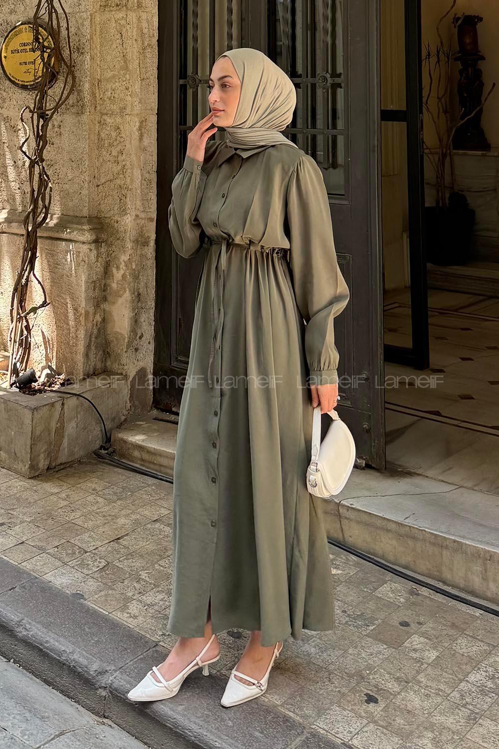 Khaki Shirt Collar Cotton Lycra Dresess