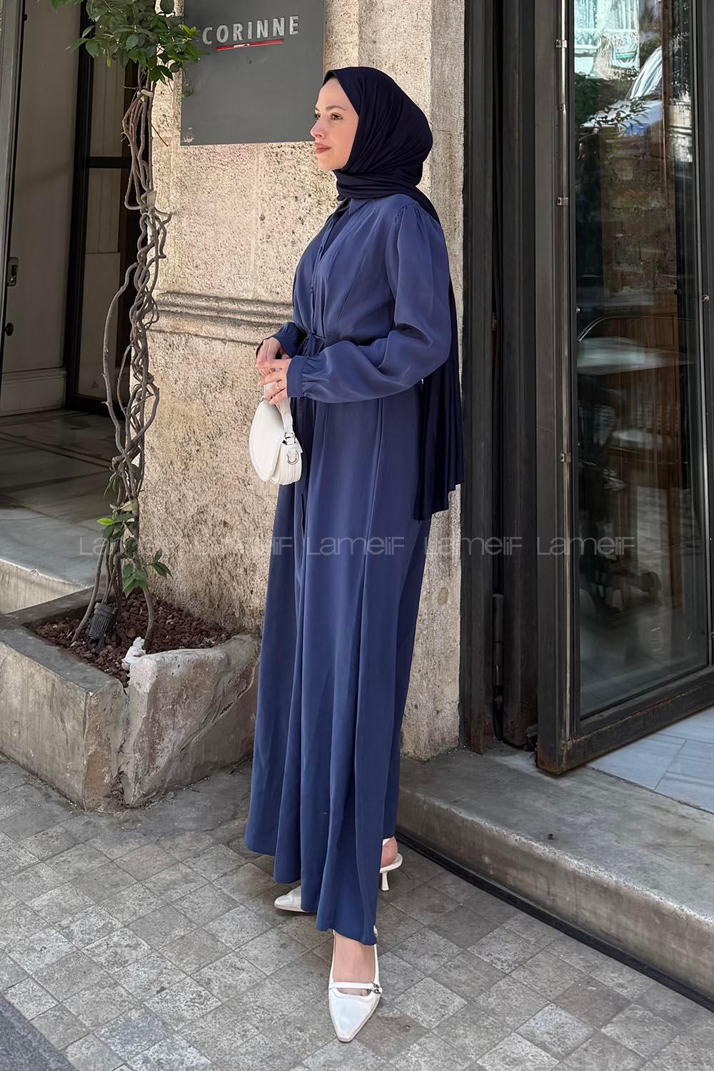 Lamelif Pile Detaylı Elbise Lacivert