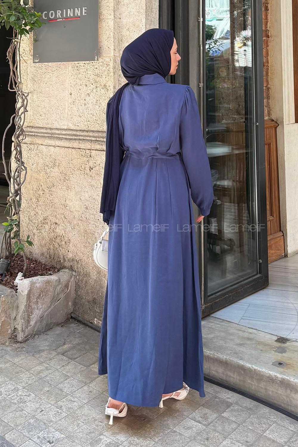 Lamelif Pile Detaylı Elbise Lacivert