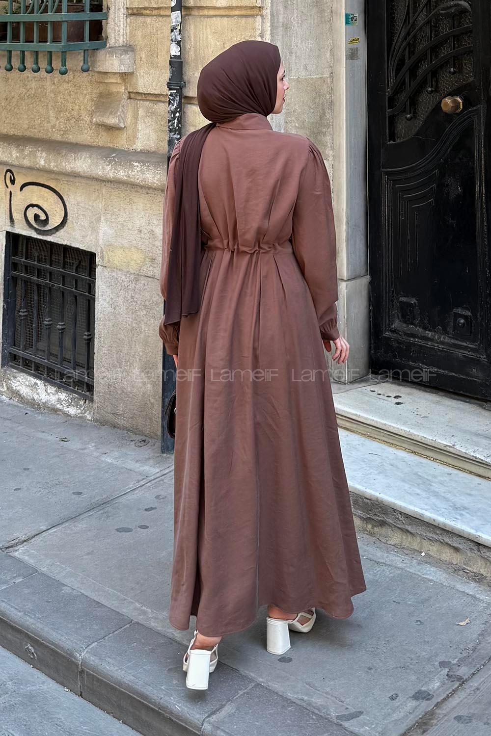 Brown Shirt Collar Cotton Lycra Dresess