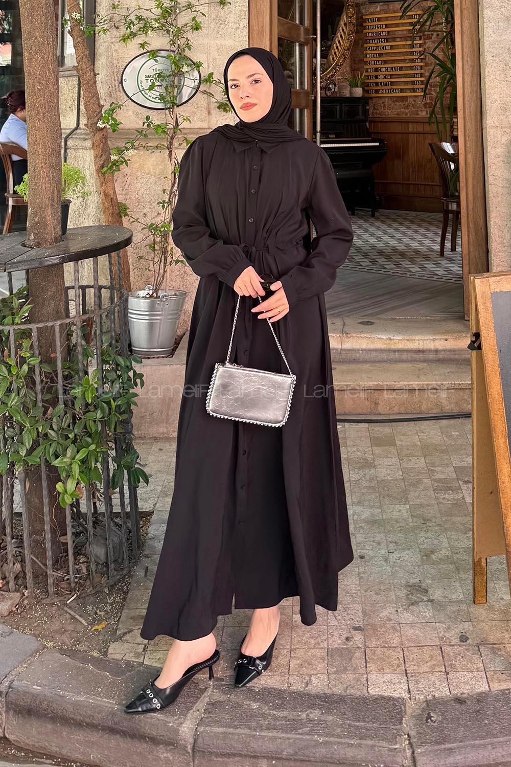 Lamelif Pile Detaylı Elbise Siyah