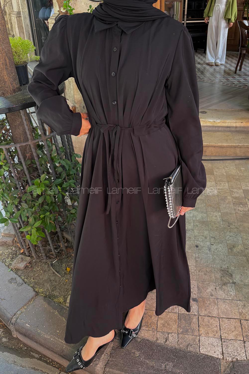 Lamelif Pile Detaylı Elbise Siyah