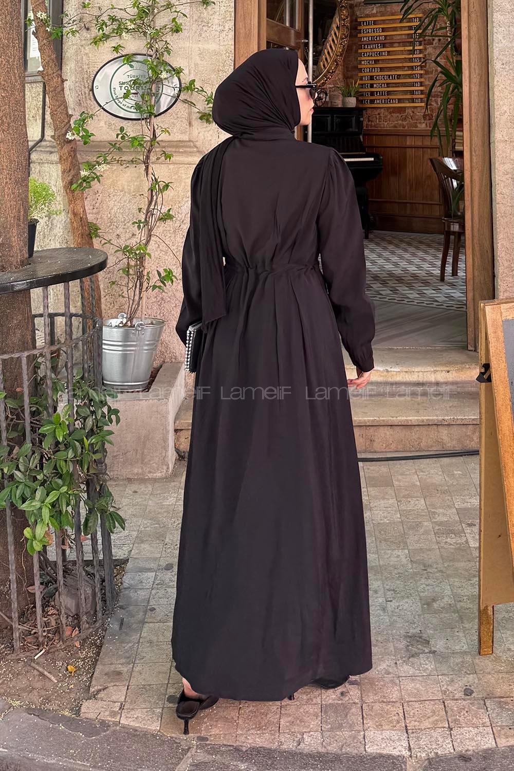 Lamelif Pile Detaylı Elbise Siyah