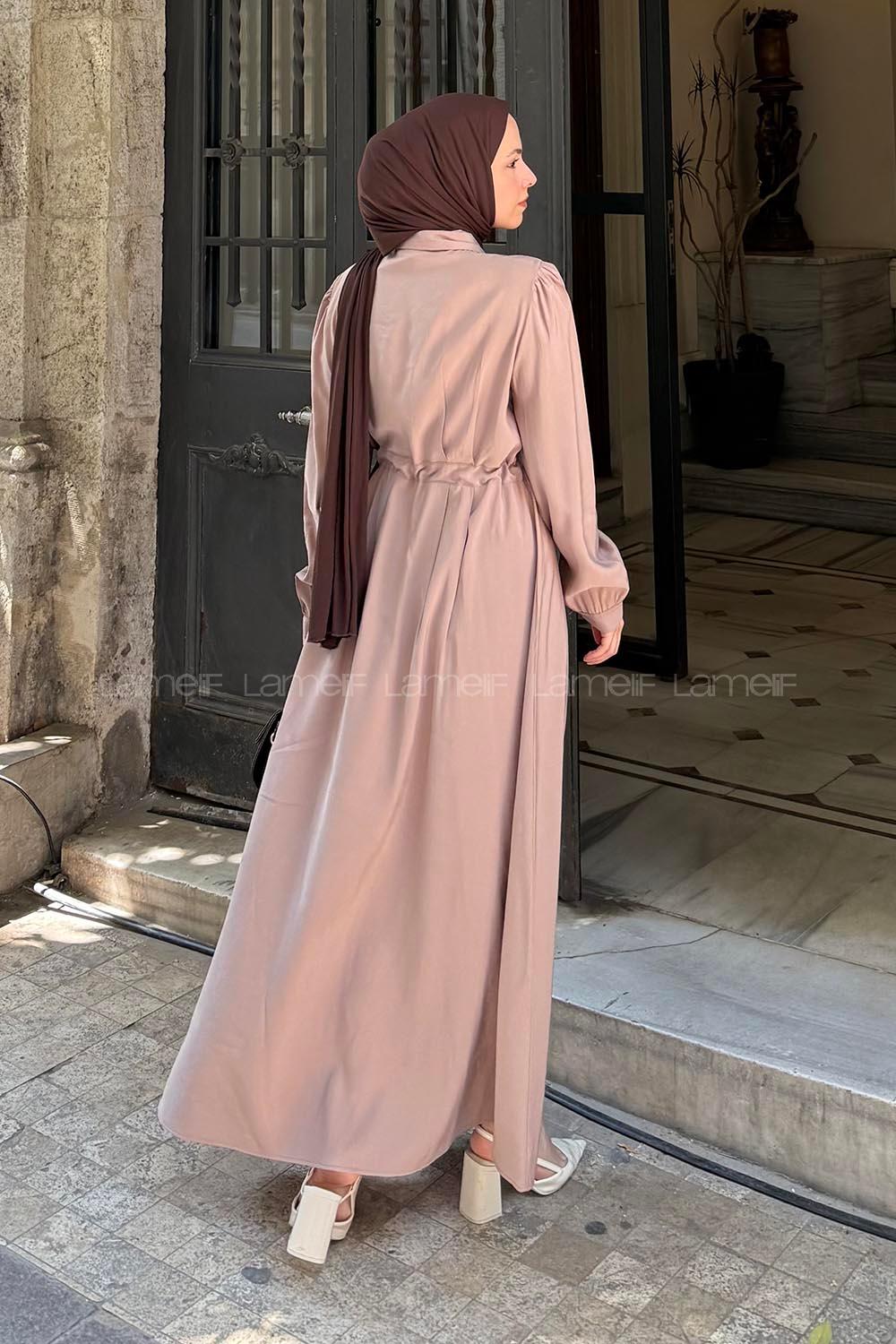 Lamelif Pile Detaylı Elbise Vizonrengi