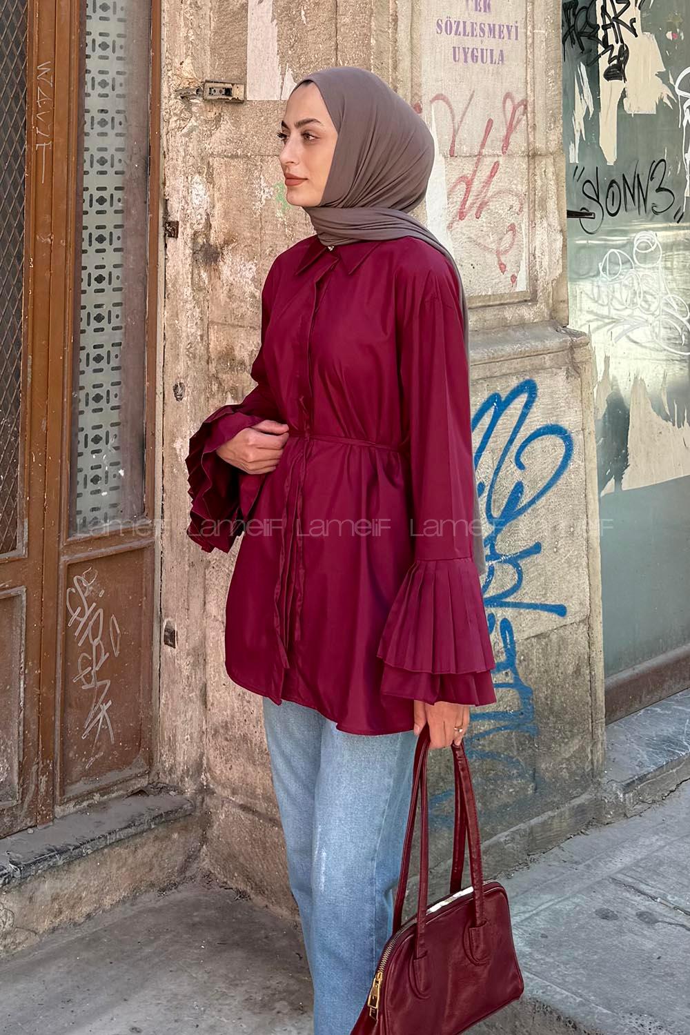 lamelif Piliseli Uzun Gömlek Bordo
